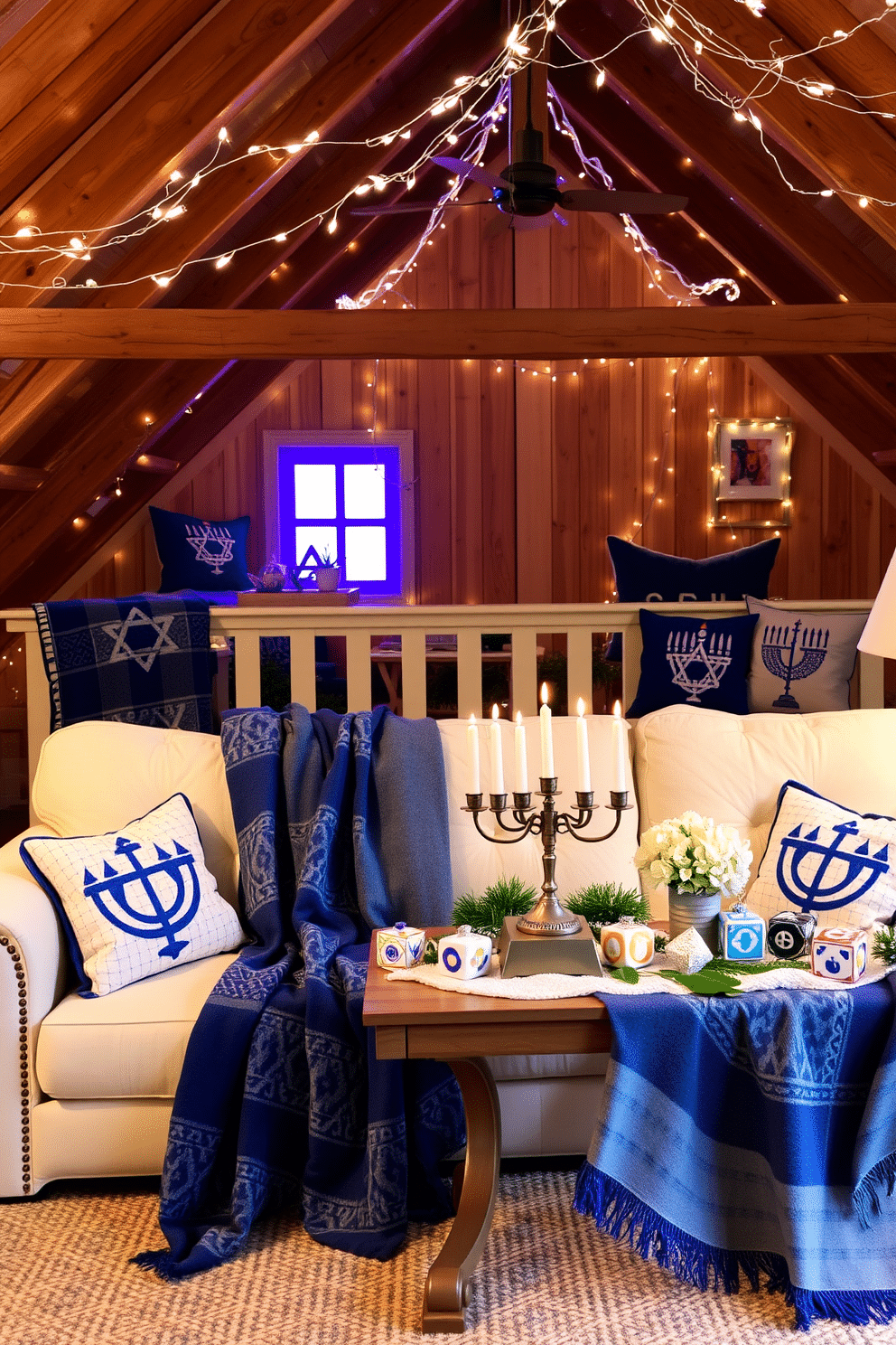 A cozy living space adorned with Hanukkah-themed throw blankets, featuring a rich blue and silver color palette. The blankets are draped over a plush, cream-colored sofa, complemented by decorative pillows showcasing traditional menorah motifs. An inviting attic transformed for Hanukkah celebrations, with twinkling fairy lights strung across the wooden beams. A beautifully decorated table hosts a menorah, surrounded by handmade dreidels and festive ornaments, creating a warm and festive atmosphere.