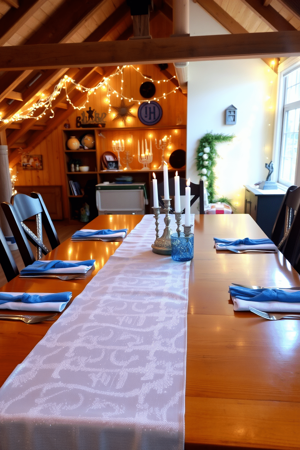 A beautifully set dining table features a shimmering silver table runner that elegantly drapes over a polished wooden surface. The runner is complemented by delicate blue accents, including napkins and candle holders, creating a festive atmosphere for Hanukkah celebrations. In a cozy attic space, twinkling string lights are draped along the beams, casting a warm glow throughout the room. Decorative elements such as dreidels and menorahs are strategically placed on shelves, enhancing the holiday spirit while maintaining a charming, rustic aesthetic.