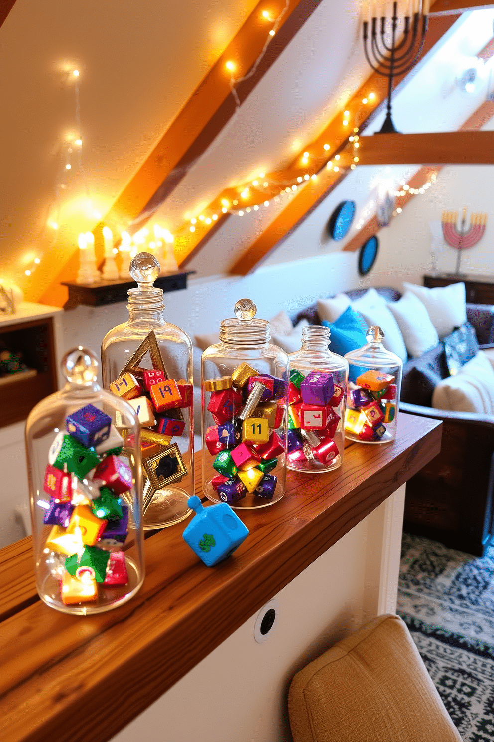 A collection of decorative dreidels displayed in elegant glass jars, each jar uniquely shaped and filled with colorful, shimmering dreidels. The jars are arranged on a rustic wooden shelf, with soft, warm lighting highlighting their vibrant colors and intricate designs. An inviting attic space transformed for Hanukkah, featuring cozy seating adorned with festive throw pillows. The walls are decorated with twinkling string lights and handmade menorahs, creating a warm and festive atmosphere perfect for family gatherings.