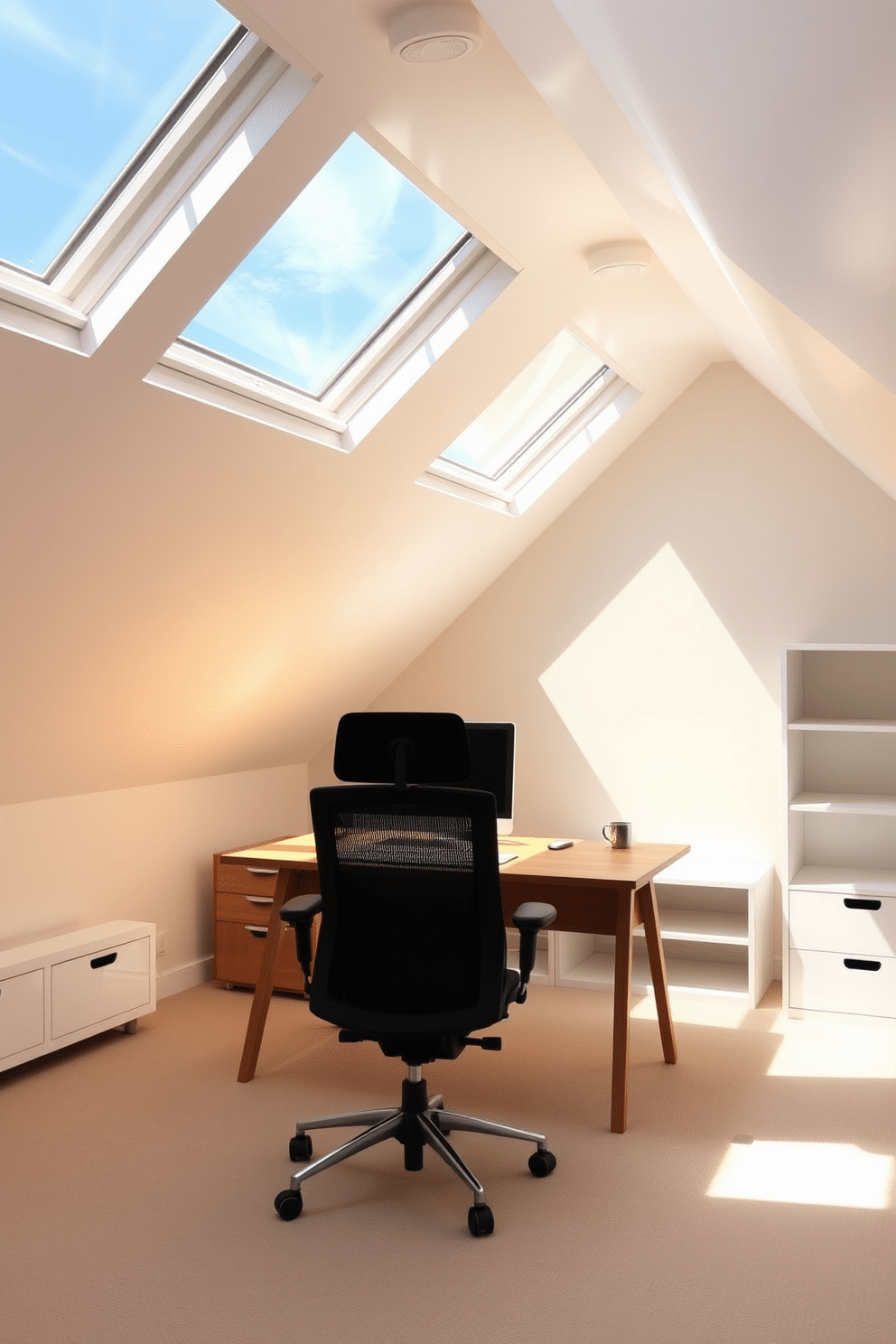 A bright attic office filled with natural light from large skylights that stretch across the sloped ceiling. The space features a sleek wooden desk positioned under the skylights, complemented by a comfortable ergonomic chair and minimalist shelving units along the walls.