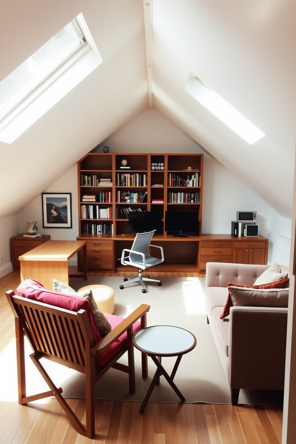 A stylish attic office featuring multi-functional furniture to maximize space. The room includes a sleek desk that doubles as a bookshelf, surrounded by comfortable seating that can be easily rearranged for collaboration. Natural light floods the space through skylights, enhancing the warm wooden tones of the furniture. A cozy reading nook is created with a foldable chair and a small side table, perfect for breaks or informal meetings.