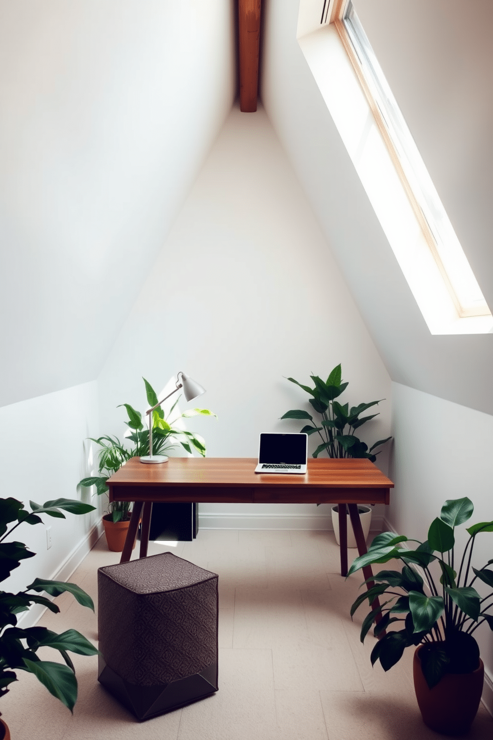 A cozy attic office space filled with natural light. The walls are painted in soft white, and a large skylight allows sunlight to pour in, illuminating the room. A sleek wooden desk sits in the center, adorned with a stylish lamp and a laptop. Lush green plants are strategically placed in the corners, adding a refreshing touch and a sense of tranquility to the workspace.