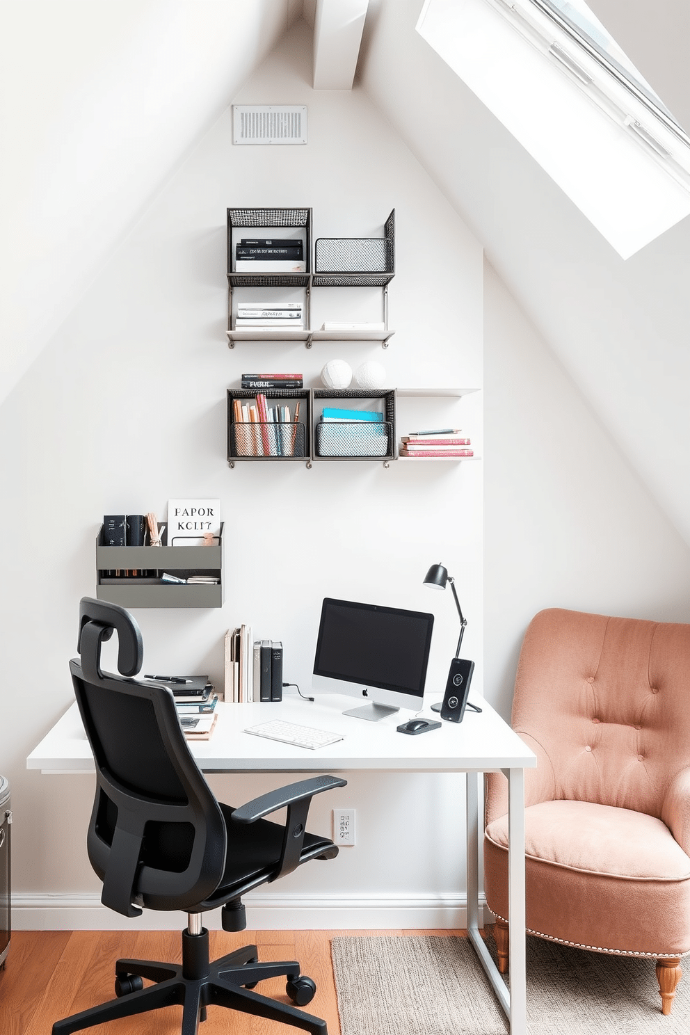 A modern office space features wall-mounted organizers crafted from sleek metal, providing a minimalist aesthetic while offering ample storage for office supplies. The organizers are filled with neatly arranged stationery, while a stylish desk sits beneath, complemented by a comfortable ergonomic chair. The attic office is designed with sloped ceilings and large skylights, allowing natural light to flood the space. A cozy reading nook is created with a plush armchair and a small bookshelf, enhancing the inviting atmosphere of this unique workspace.