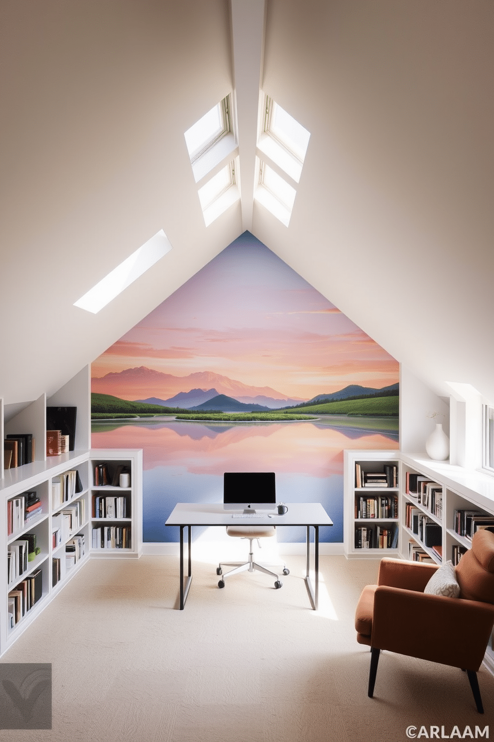 Artistic wall murals for inspiration. A vibrant mural depicting a serene landscape covers the entire wall, creating a focal point in the room. The surrounding walls are painted in soft, neutral tones to enhance the mural's colors, while minimalist furniture complements the artistic backdrop. Attic Office Design Ideas. The attic features sloped ceilings and skylights that flood the space with natural light, creating an inviting workspace. A sleek, modern desk is positioned under the skylight, surrounded by built-in shelves that display books and decor, blending functionality with style.