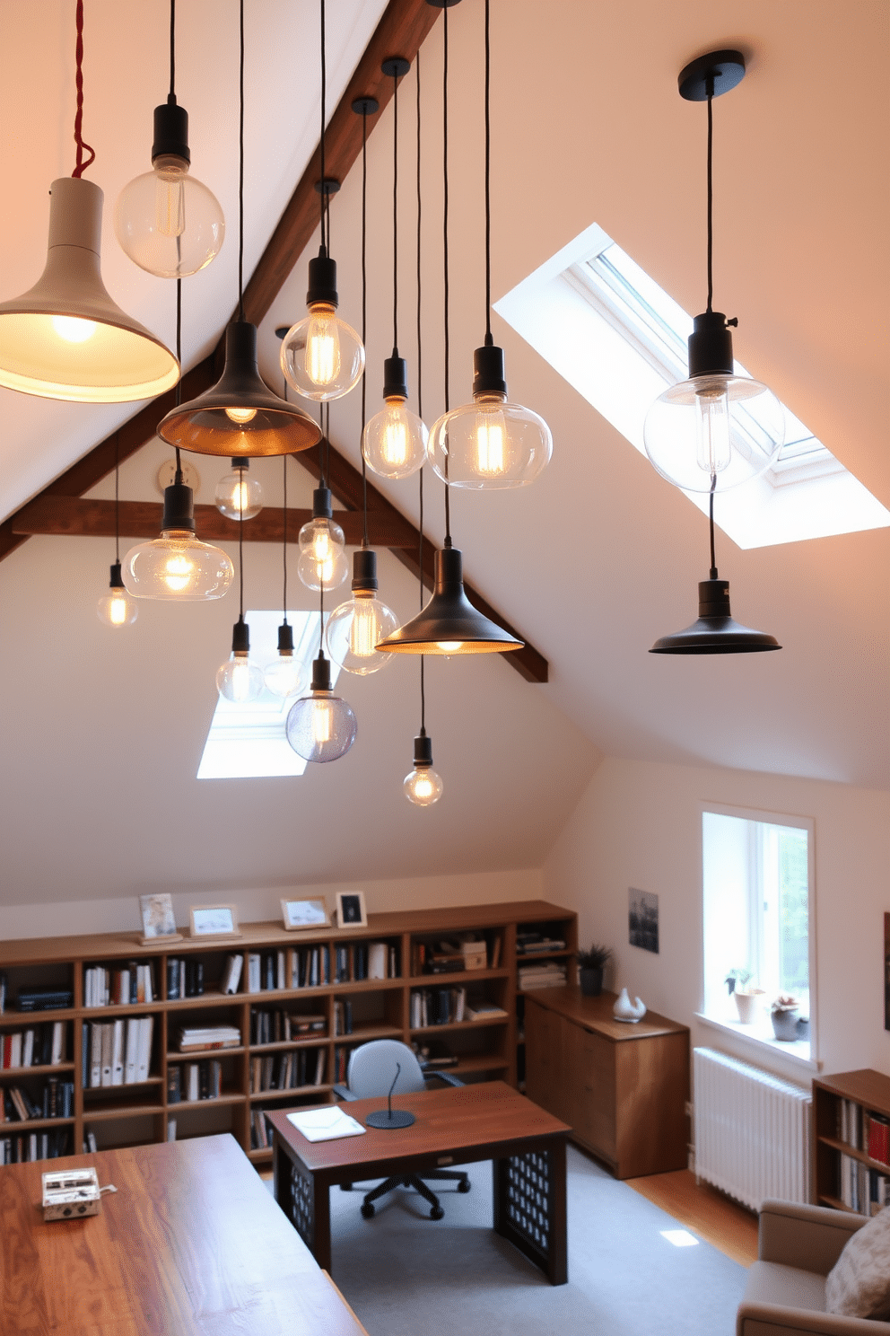 A collection of stylish pendant lights hangs from the ceiling, casting a warm, inviting glow throughout the room. Each light features unique designs, from sleek modern shapes to vintage-inspired finishes, enhancing the overall aesthetic of the space. The attic office is designed with a cozy yet functional approach, featuring a large wooden desk positioned under a slanted ceiling. Soft, natural light filters through skylights, illuminating the room, which is adorned with bookshelves and a comfortable reading nook.