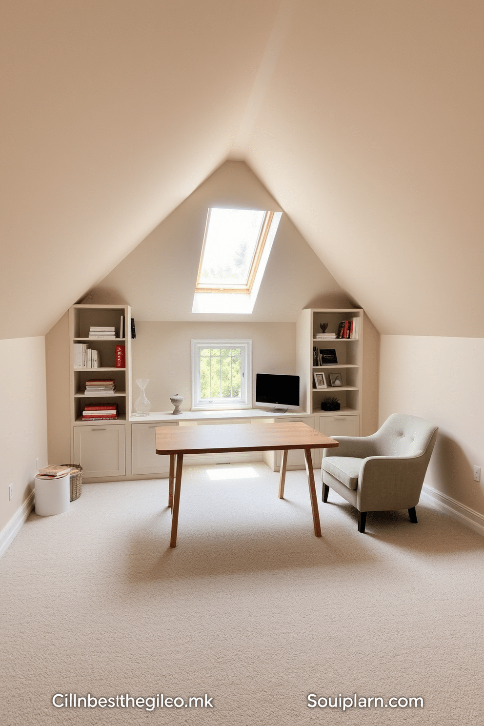 A serene attic office designed with a neutral color palette to evoke tranquility. The walls are painted in soft beige, complemented by a light gray carpet that adds warmth to the space. A sleek wooden desk sits beneath a skylight, allowing natural light to flood the room. Shelves lined with books and decorative items provide both functionality and aesthetic appeal, while a cozy armchair in a muted tone invites relaxation.