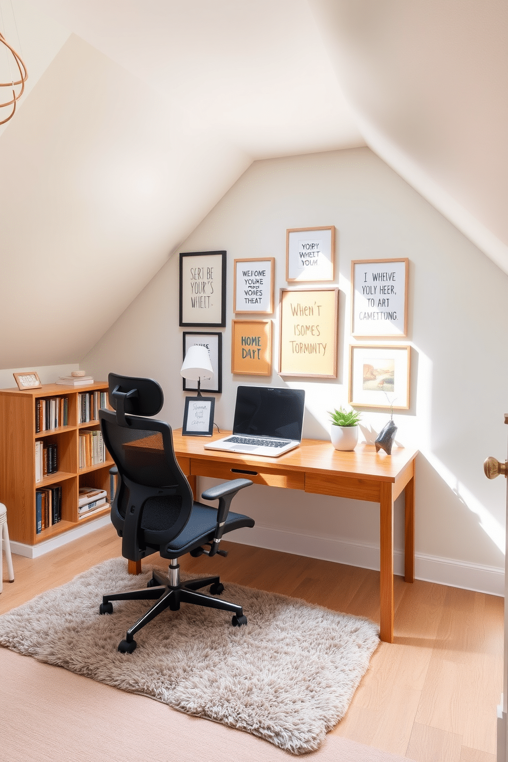 A cozy attic office space filled with natural light. The room features a large wooden desk positioned under a sloped ceiling, complemented by a comfortable ergonomic chair and a stylish bookshelf filled with personalized artwork that inspires motivation. Soft, neutral colors dominate the walls, creating a calming atmosphere. A plush area rug lies beneath the desk, and a small potted plant adds a touch of greenery to the workspace.