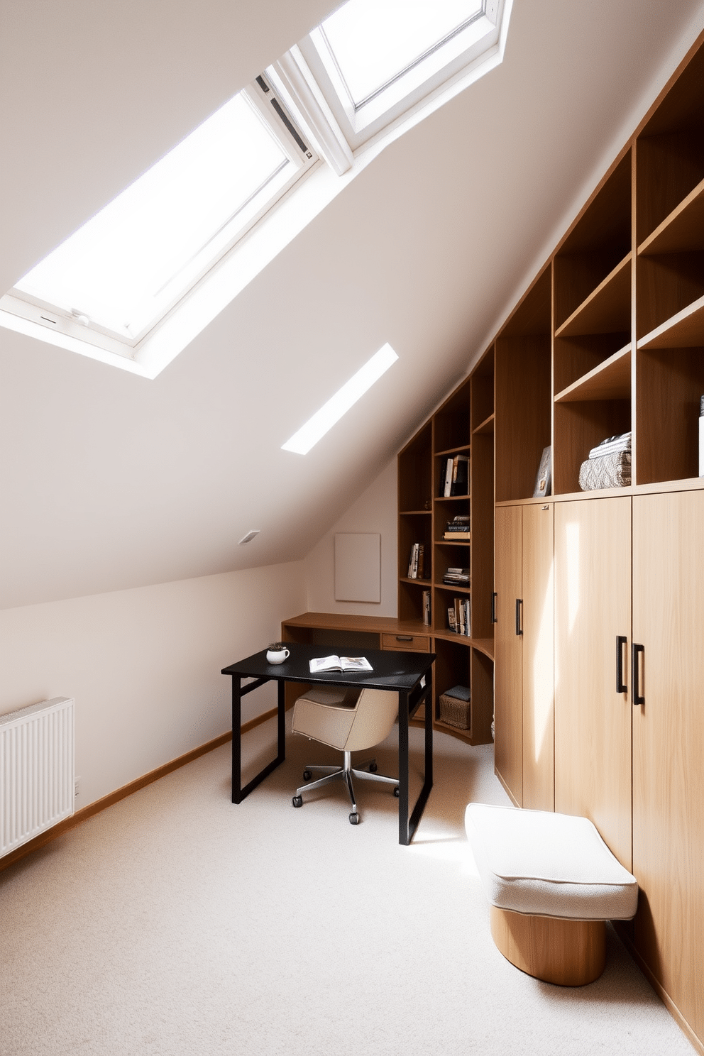 A cozy attic office featuring sloped ceilings with built-in hidden storage solutions. The workspace includes a sleek desk positioned under a skylight, surrounded by shelves that blend seamlessly into the architecture. The walls are painted in a soft, neutral color, enhancing the natural light that floods the room. A comfortable chair and a small reading nook are nestled in one corner, creating an inviting atmosphere for productivity and relaxation.