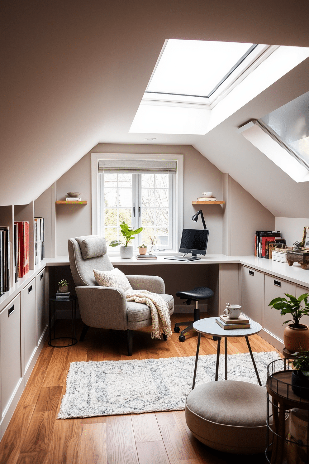 Cozy reading nook with built-in shelves. A plush armchair is positioned near a large window, with soft natural light streaming in. Built-in shelves filled with books line the walls, adorned with decorative items and plants. A small side table holds a steaming cup of tea and a cozy blanket draped over the armchair. Attic Office Design Ideas. The space features a sleek desk positioned under a sloped ceiling, with a large skylight allowing ample light. A comfortable ergonomic chair complements the modern aesthetic, while built-in storage solutions keep the area tidy and organized.