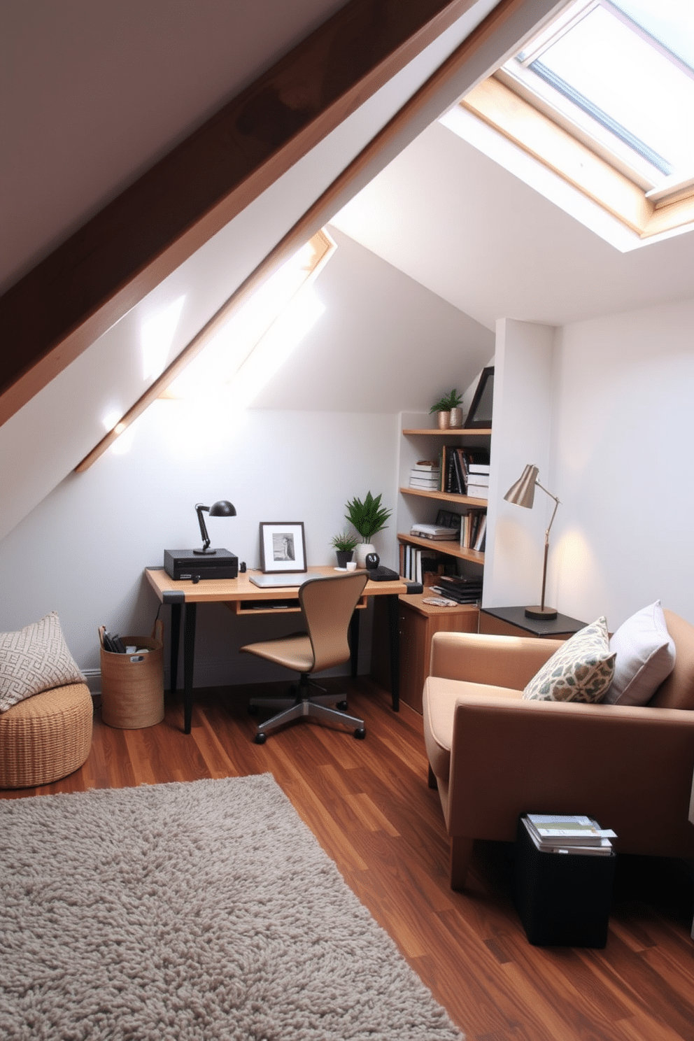 A cozy attic office designed for productivity. The space features textured fabrics like a plush area rug and soft throw pillows on a comfortable armchair, creating an inviting atmosphere. Natural light floods the room through a skylight, illuminating the wooden beams and sloped ceiling. A sleek desk made of reclaimed wood sits against one wall, complemented by a stylish task lamp and organized shelves filled with books and decor.