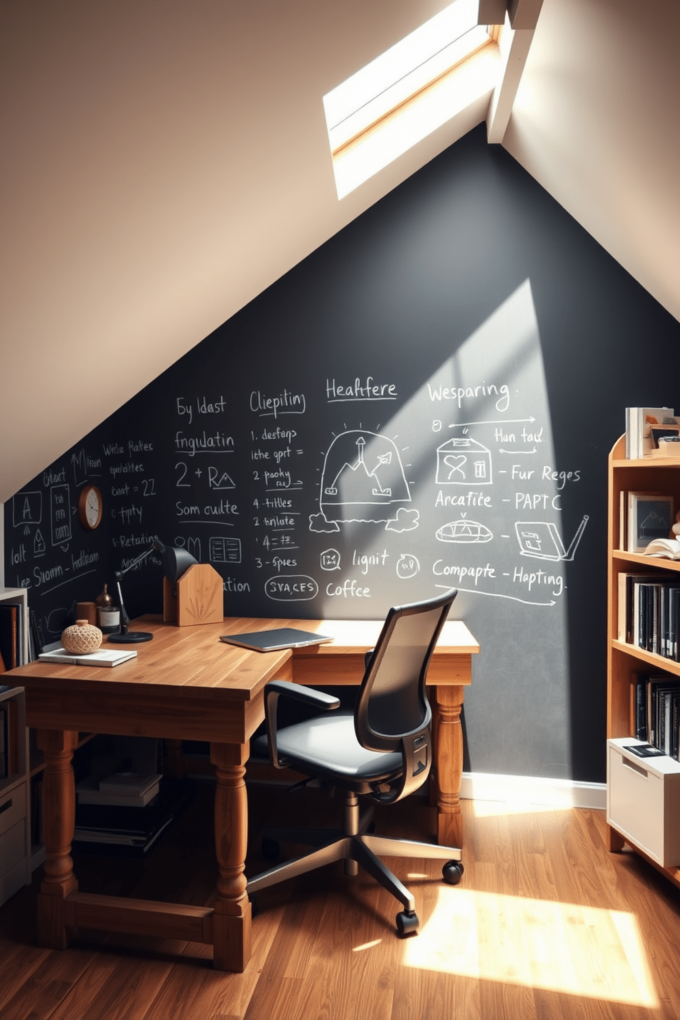 A creative attic office space features a large chalkboard wall, perfect for brainstorming ideas and jotting down inspiration. The room is illuminated by natural light streaming through a skylight, enhancing the vibrant atmosphere. The office is furnished with a rustic wooden desk and a comfortable ergonomic chair, providing a cozy yet functional workspace. Shelves filled with books and decorative items line the walls, adding character and personality to the design.