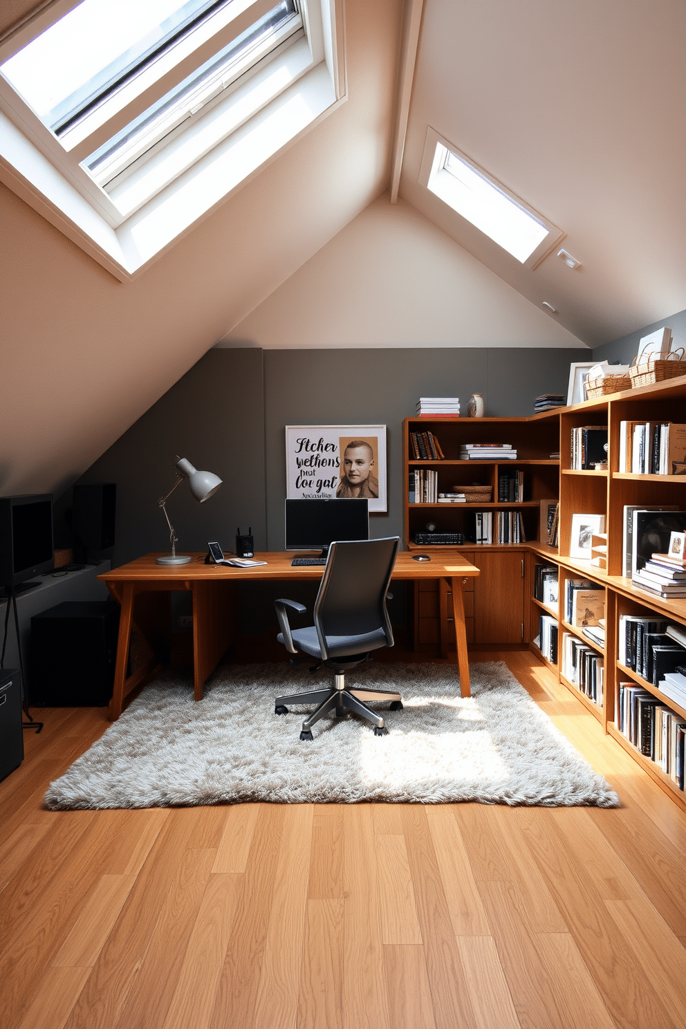 A serene attic office designed for maximum productivity. The space features soundproofing materials such as acoustic panels on the walls and a plush area rug, creating a quiet and comfortable work environment. Natural light floods the room through skylights, illuminating a sleek wooden desk and ergonomic chair. Shelves lined with books and decorative items add personality while maintaining a clean, organized aesthetic.