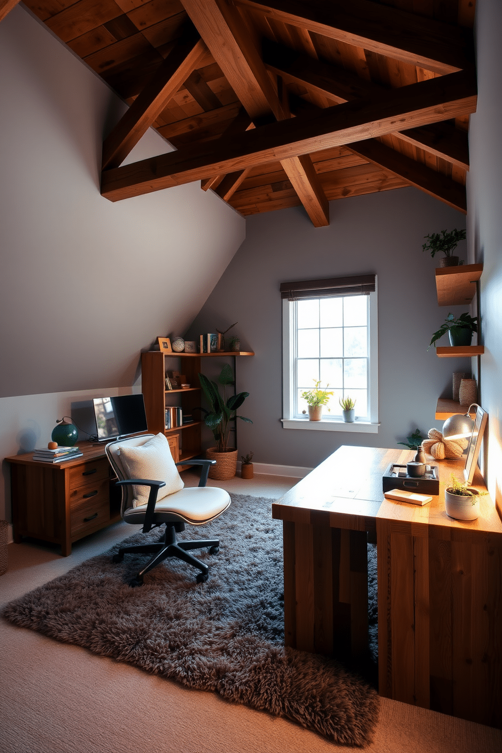 A cozy attic office featuring a comfortable lounge chair positioned near a large window, allowing natural light to flood the space. The walls are painted a soft gray, and a plush area rug adds warmth underfoot, complementing the wooden beams of the ceiling. The desk is made of reclaimed wood, paired with a sleek ergonomic chair, creating a perfect workspace. Shelves filled with books and decorative items line the walls, while potted plants bring a touch of nature into the room.