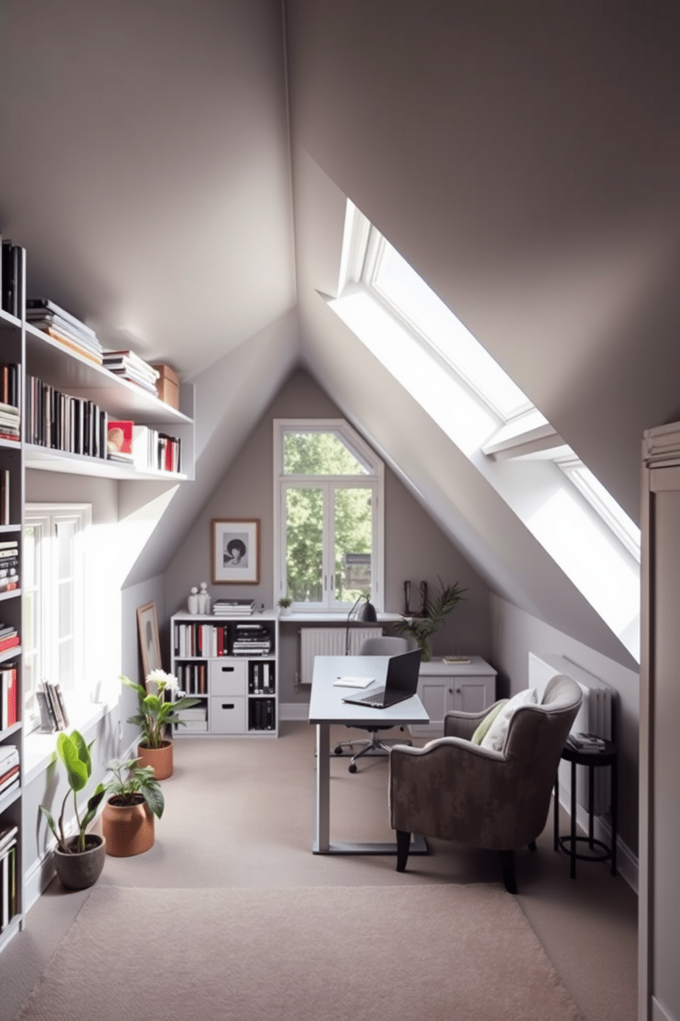 A stylish attic office with slanted ceilings that creatively utilizes vertical space. Shelving units extend from the floor to the ceiling, filled with books and decorative items, while a sleek desk is positioned under a skylight for natural light. The walls are painted in a soft gray, enhancing the sense of openness, and a cozy reading nook is created with a plush armchair and a small side table. Large windows provide a view of the outdoors, while plants are strategically placed to bring life to the space.