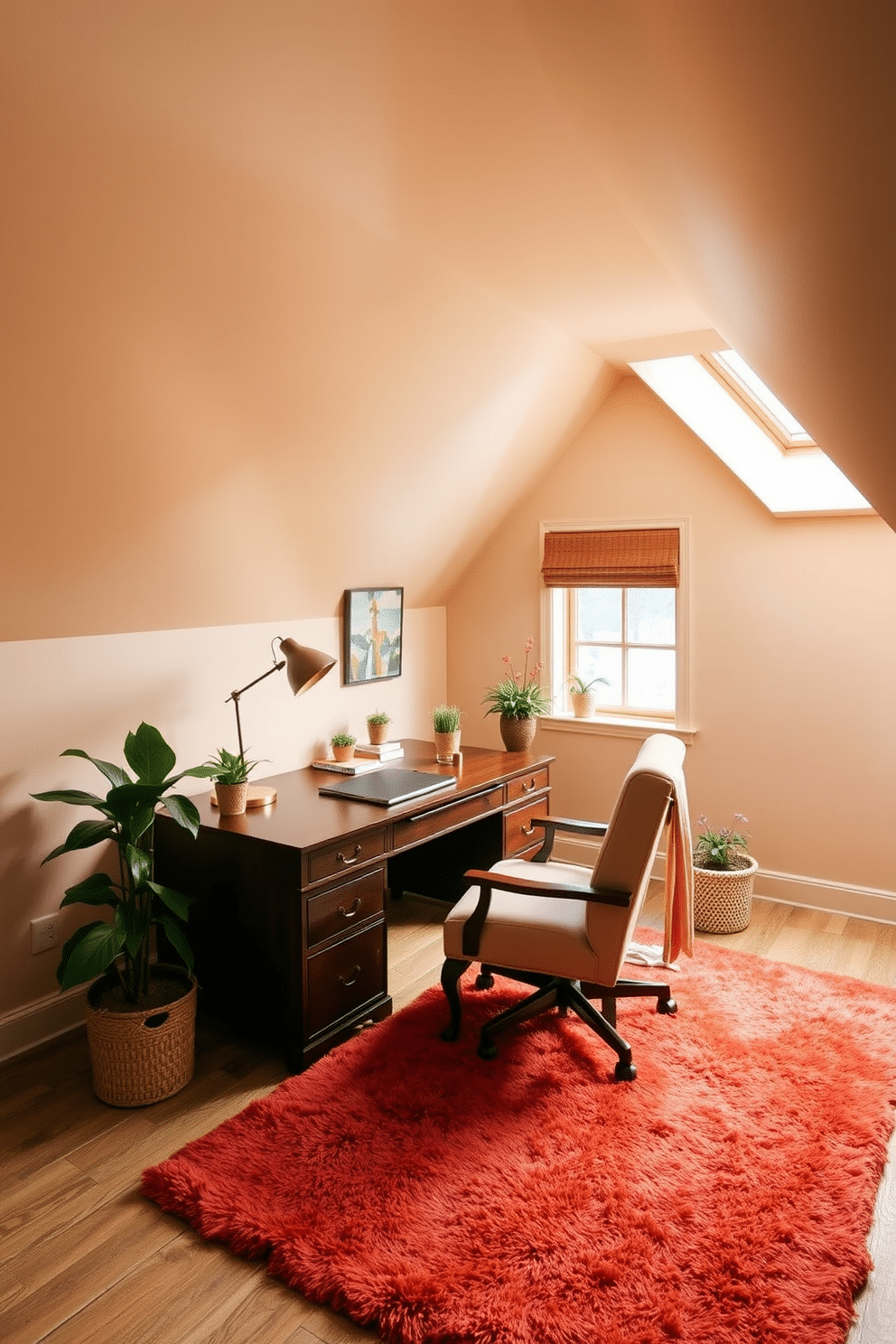 A cozy attic office space featuring warm color accents throughout. The walls are painted a soft beige, complemented by rich terracotta accents in the furnishings and decor. A large wooden desk sits under a sloped ceiling, adorned with a stylish desk lamp and a few potted plants. A plush area rug in warm tones adds comfort, while a comfortable chair invites creativity and productivity.