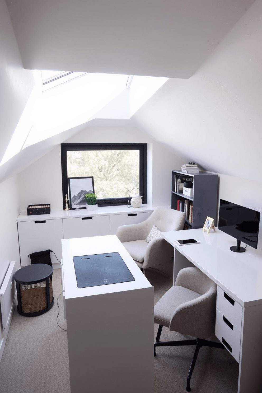 A modern attic office featuring a sleek desk with built-in charging stations seamlessly integrated into the design. The space is illuminated by natural light streaming through a skylight, with minimalist decor that promotes productivity and creativity. The walls are painted a soft white, enhancing the airy feel, while a cozy reading nook with a plush chair and a small bookshelf adds warmth to the environment. Stylish storage solutions are incorporated to keep the workspace organized, creating a perfect blend of functionality and aesthetics.