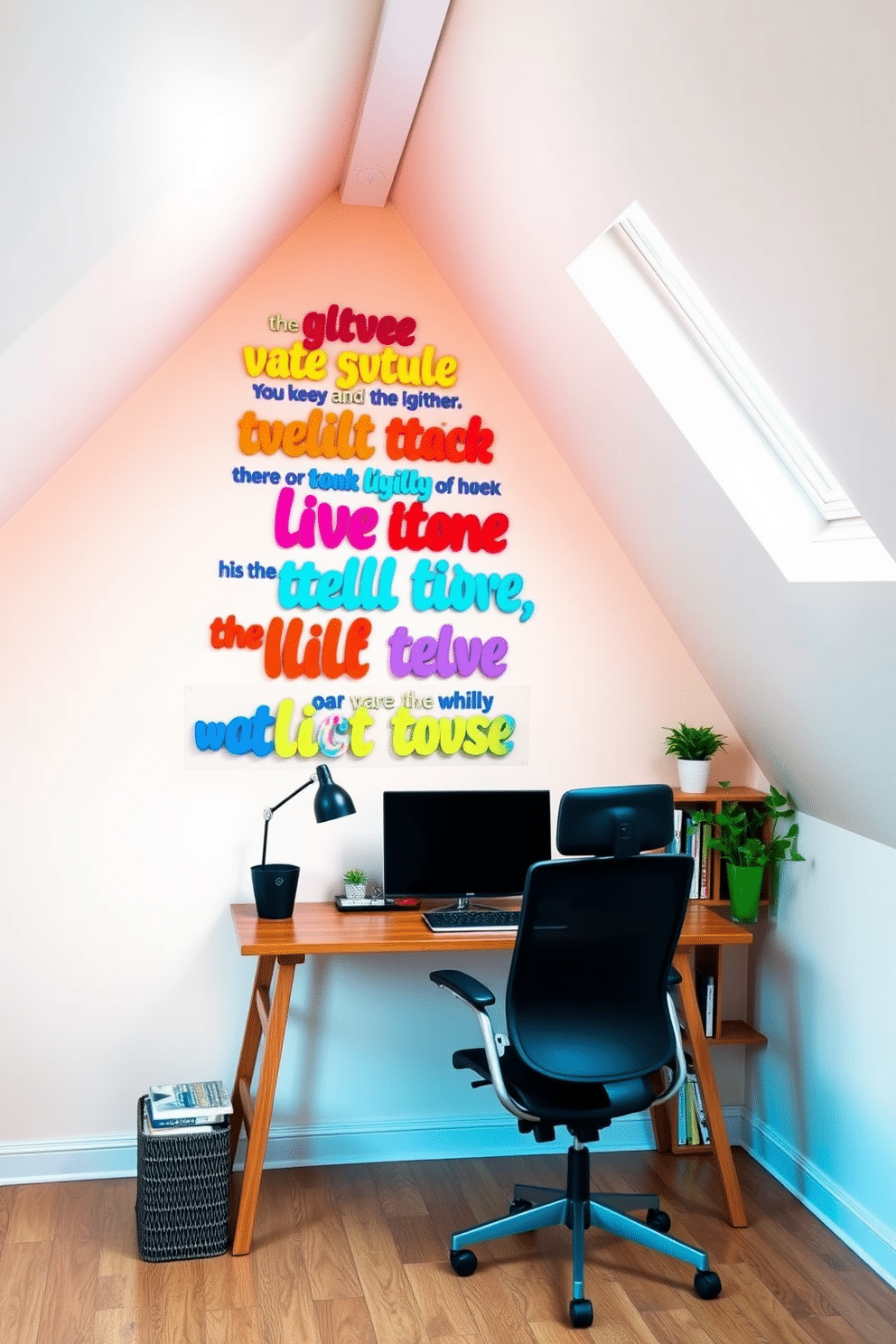 A vibrant inspirational quote wall adorned with colorful typography that uplifts and motivates. The background features a soft pastel hue, creating a warm and inviting atmosphere for creativity and positivity. A cozy attic office designed for productivity and inspiration, with sloped ceilings and skylights that allow natural light to flood the space. A sleek wooden desk sits under the window, complemented by a comfortable ergonomic chair and shelves filled with books and plants.