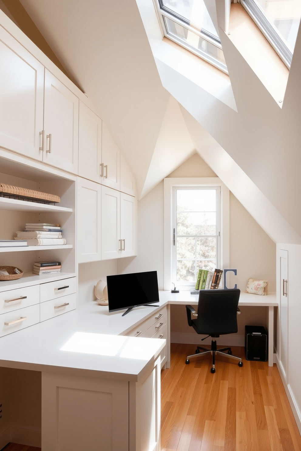 A custom cabinetry setup enhances the functionality of an organized workspace, featuring sleek, modern lines and ample storage. The cabinetry is painted in a soft white finish, complemented by brushed nickel hardware, creating a clean and inviting atmosphere. For the attic office design, large skylights flood the space with natural light, illuminating the warm wooden beams. A cozy reading nook is nestled beside the window, adorned with plush cushions and a small bookshelf, making it the perfect retreat for inspiration.