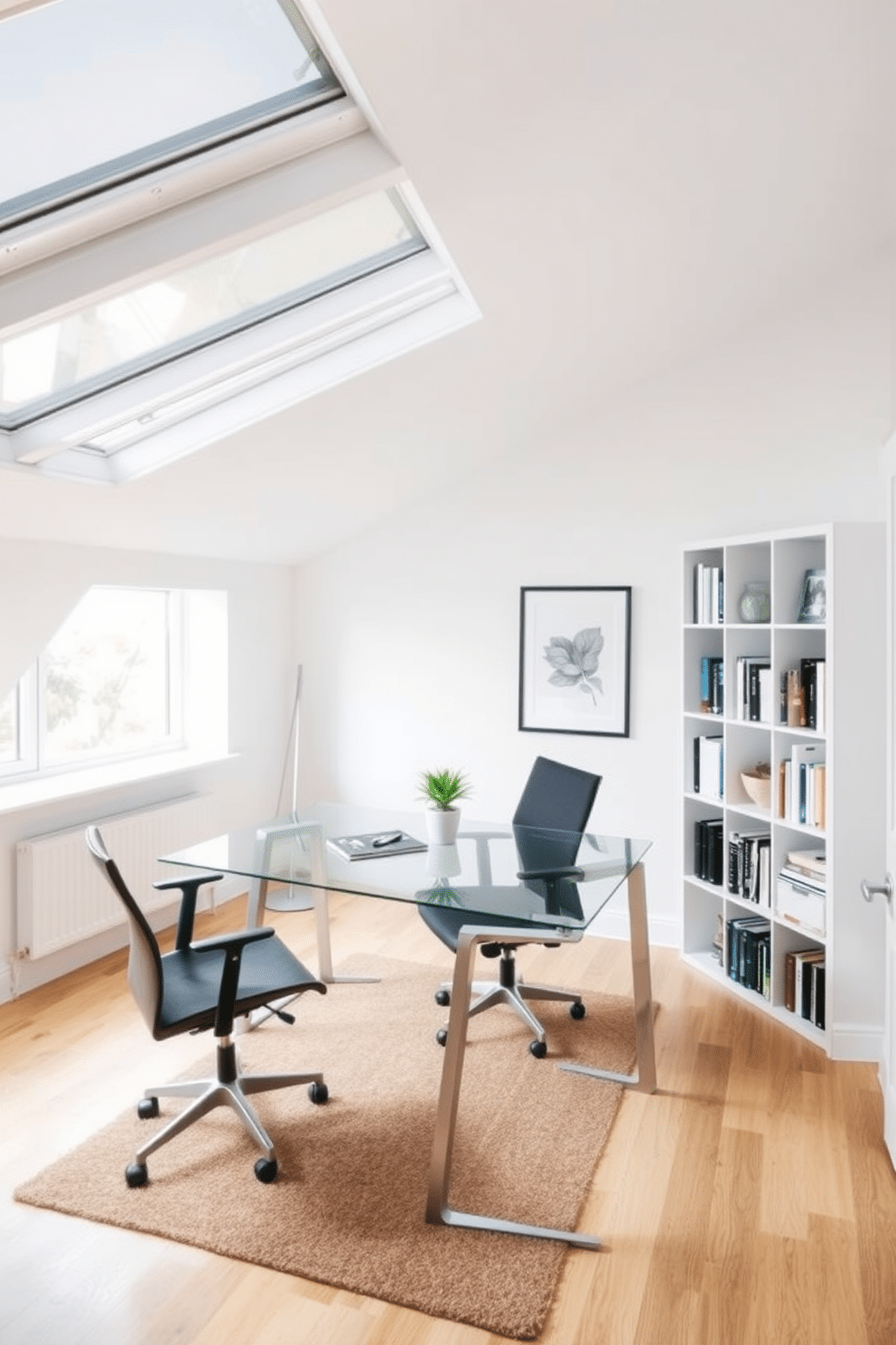 A sleek glass desk is positioned in a bright attic office, complemented by a minimalist ergonomic chair. Large skylights flood the space with natural light, creating an inviting atmosphere for productivity. The walls are painted in a soft white, enhancing the airy feel of the room, while a stylish bookshelf lines one side, filled with curated books and decorative items. A cozy area rug adds warmth underfoot, and a small potted plant sits on the desk, bringing a touch of nature indoors.