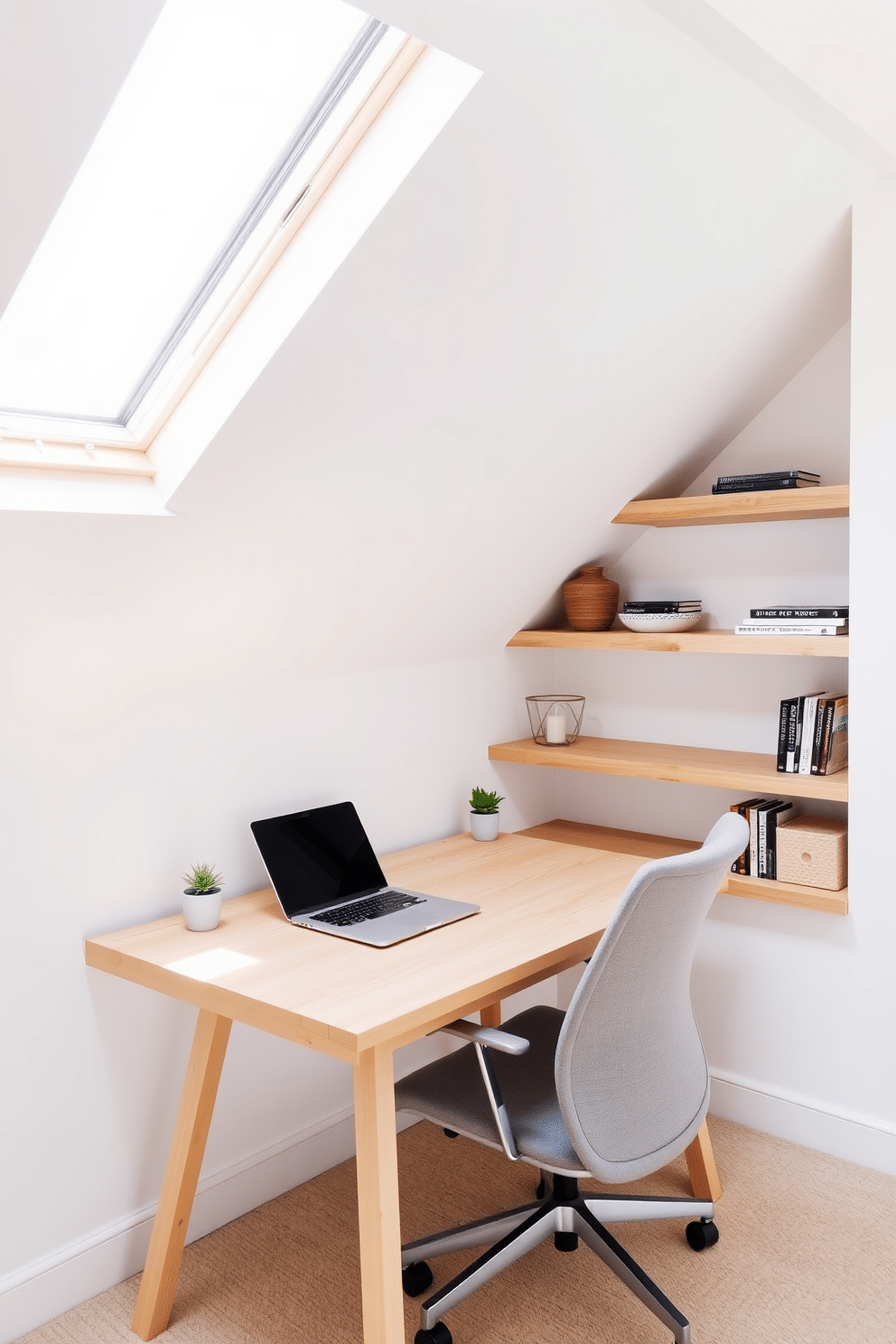 A minimalist desk made of light wood sits against a sloped ceiling, paired with an ergonomic chair in soft gray fabric. Natural light streams in through a skylight, illuminating the space and highlighting the simple decor, which includes a small potted plant and a sleek laptop. In the corner, shelves made of reclaimed wood display books and personal items, adding warmth to the otherwise clean aesthetic. The walls are painted in a soft white, creating a serene atmosphere perfect for focused work in this attic office retreat.