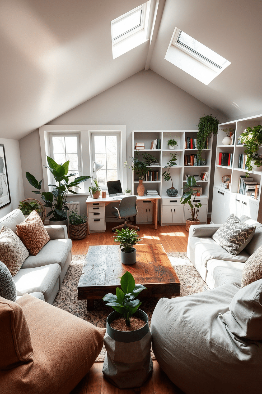 Flexible seating options for comfort. Imagine a cozy living room featuring a mix of modular sofas and bean bags, arranged to create an inviting atmosphere. Soft, textured throw pillows add warmth, while a low coffee table made of reclaimed wood sits at the center. Large windows allow natural light to flood the space, complemented by indoor plants that enhance the room's comfort. Attic Office Design Ideas. Visualize a bright and airy attic office with sloped ceilings and skylights that bring in natural light. A sleek, modern desk is positioned near a window, surrounded by built-in shelves filled with books and decorative items, creating an inspiring workspace.