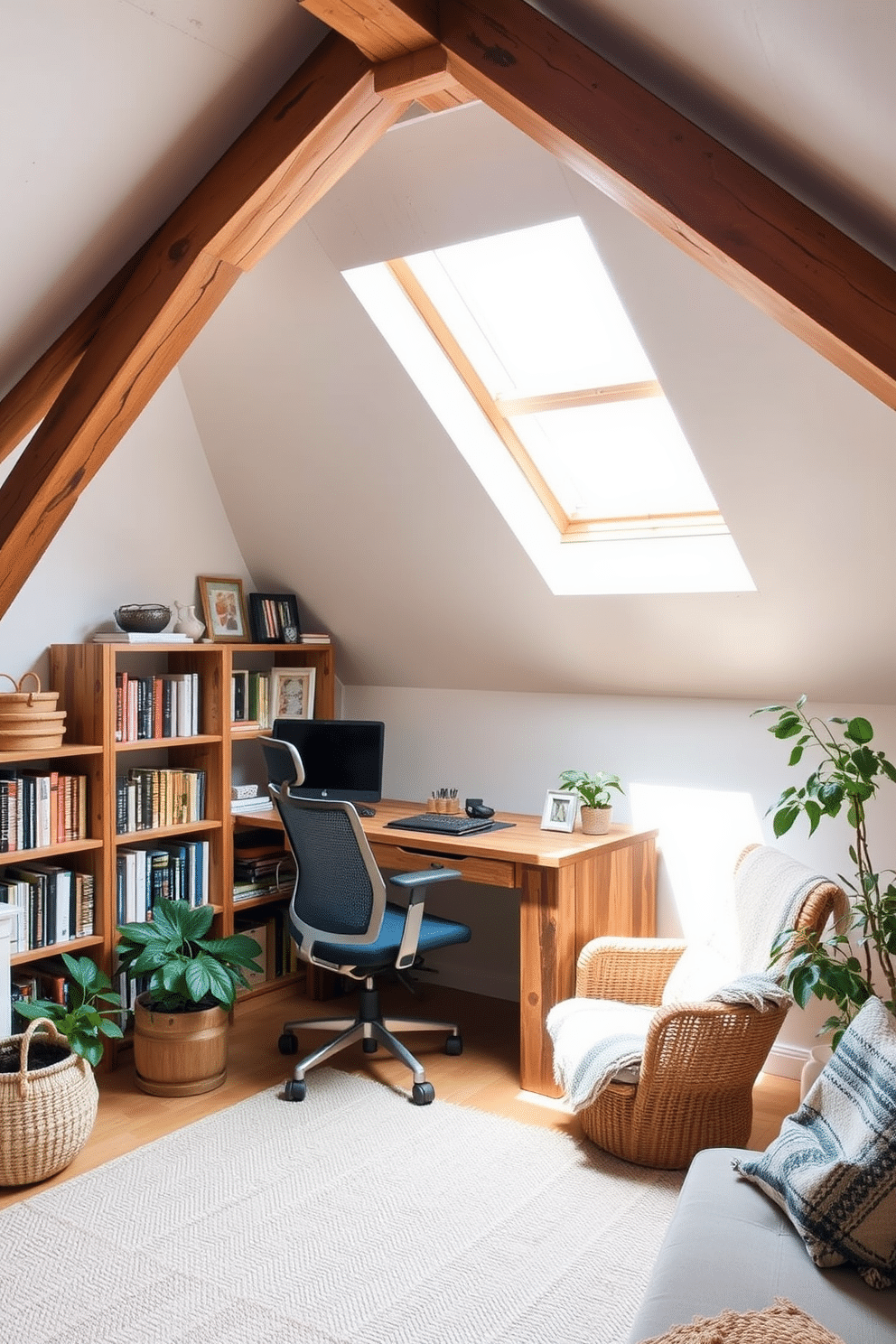 A cozy attic office featuring rustic wooden beams that add warmth and character to the space. The room is filled with natural light streaming through a skylight, illuminating a reclaimed wood desk paired with a comfortable ergonomic chair. In one corner, a bookshelf made from repurposed wood showcases an array of books and personal mementos. Soft textiles, like a woven rug and a plush throw, enhance the inviting atmosphere, while potted plants bring a touch of nature indoors.