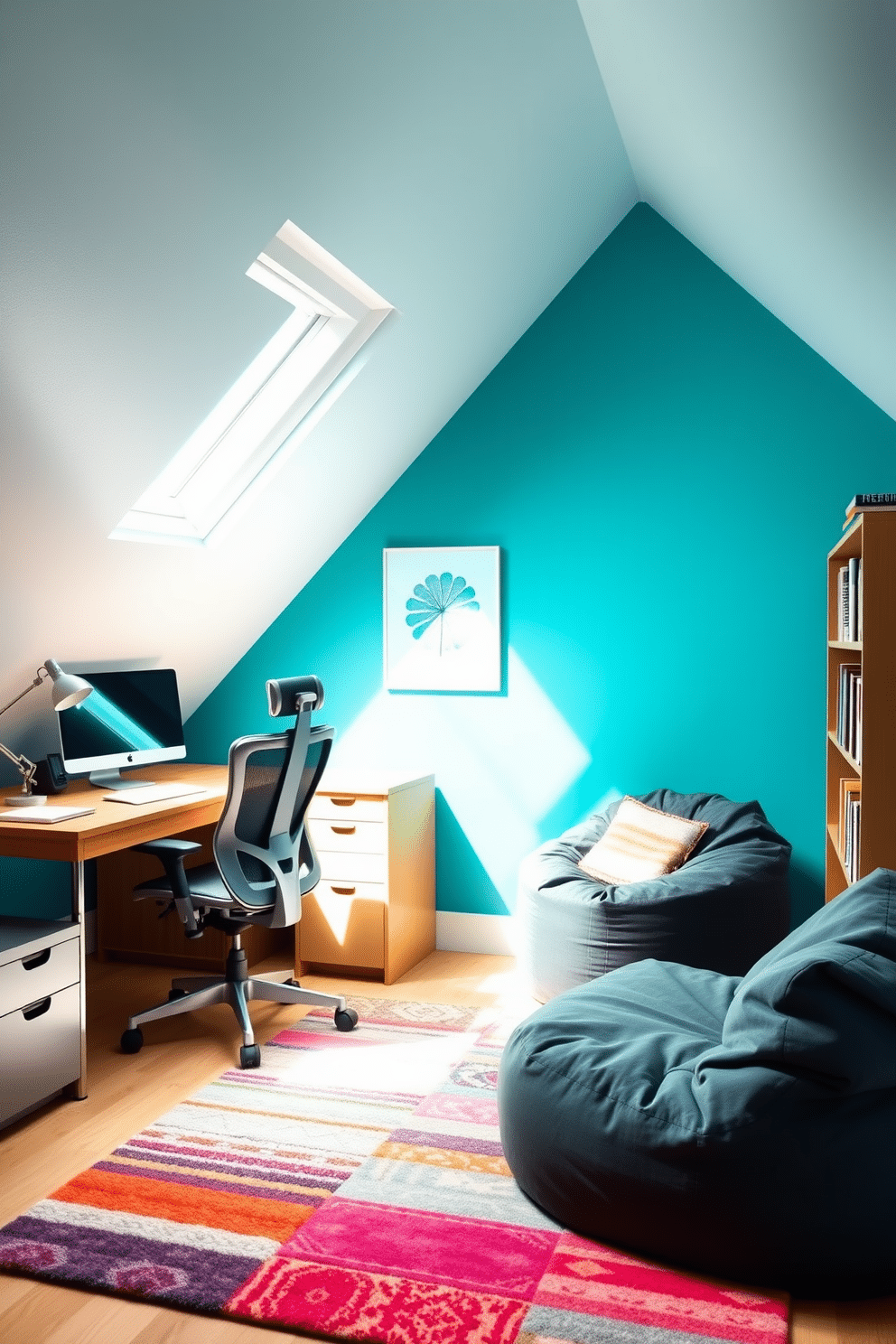 A vibrant attic office space featuring a colorful accent wall painted in bright teal, creating an energetic atmosphere for creativity. The room is filled with natural light from a skylight, illuminating a sleek wooden desk paired with a modern ergonomic chair. On the opposite side, a cozy reading nook is created with a plush bean bag and a small bookshelf filled with inspiring literature. The floor is adorned with a soft, multicolored area rug that complements the accent wall and adds warmth to the space.