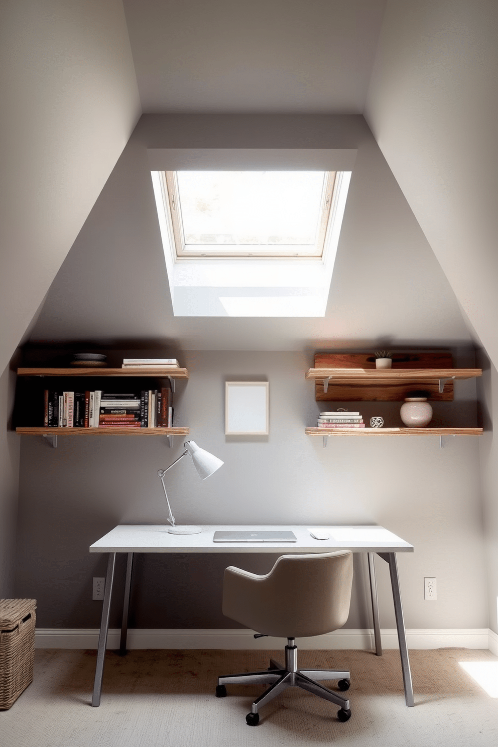 A cozy attic office with floating shelves for space-saving storage. The walls are painted in a soft gray, and natural light floods the room through a skylight, creating an inviting workspace. The floating shelves are crafted from reclaimed wood, showcasing a mix of books and decorative items. A sleek desk in front of the shelves features a modern lamp and a comfortable chair, enhancing the functional yet stylish design.