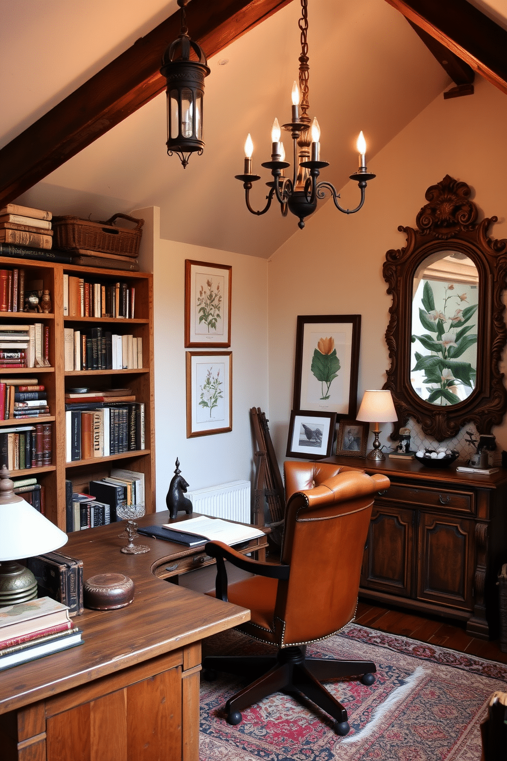 A cozy attic office space filled with vintage decor elements. The room features a reclaimed wood desk paired with an antique leather chair, surrounded by bookshelves filled with old books and quirky knick-knacks. Soft, warm lighting emanates from a vintage chandelier hanging from the sloped ceiling. The walls are adorned with framed botanical prints and a large, ornate mirror, creating a charming and inviting atmosphere.