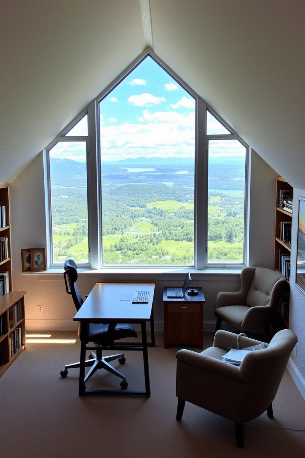 A spacious attic office with a large window that showcases breathtaking scenic views of the surrounding landscape. The room is filled with natural light, highlighting a sleek wooden desk positioned to take advantage of the view, complemented by a comfortable ergonomic chair. The walls are painted in a soft, calming color, creating an inviting atmosphere for productivity. Shelves lined with books and decorative items add personality, while a cozy reading nook with a plush armchair and a small side table invites relaxation.