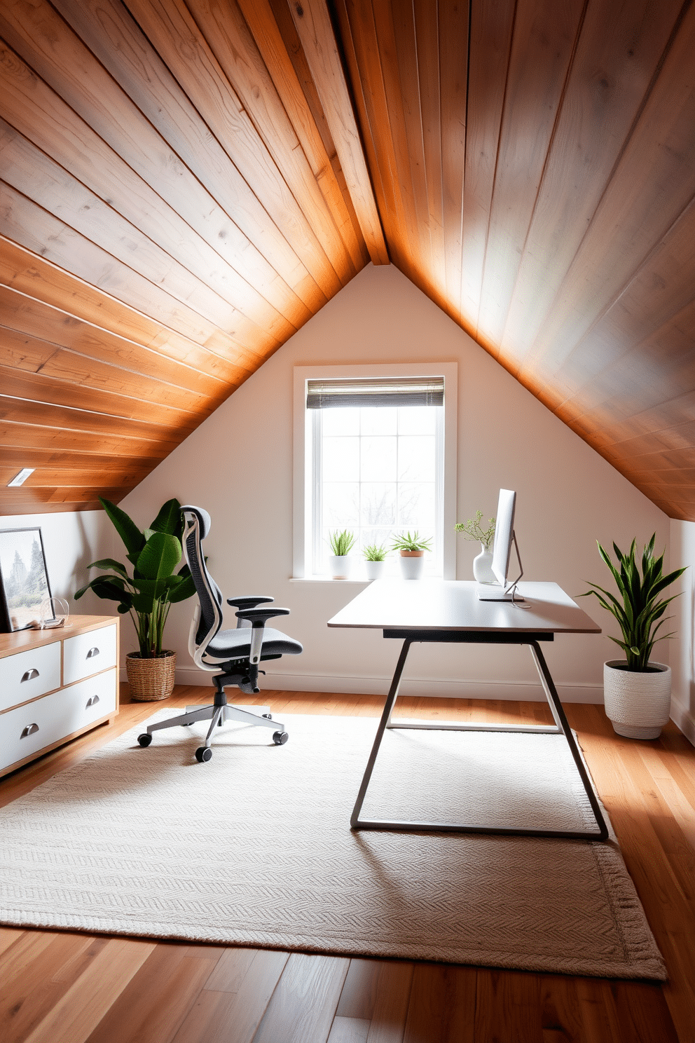 A soft area rug in a cozy attic office creates a warm and inviting atmosphere. The rug features a subtle pattern that complements the wooden beams and sloped ceiling, adding texture and comfort underfoot. The attic office is designed with a sleek, modern desk positioned near a large window that floods the space with natural light. A comfortable ergonomic chair and a few potted plants enhance the productivity and aesthetic of this charming workspace.