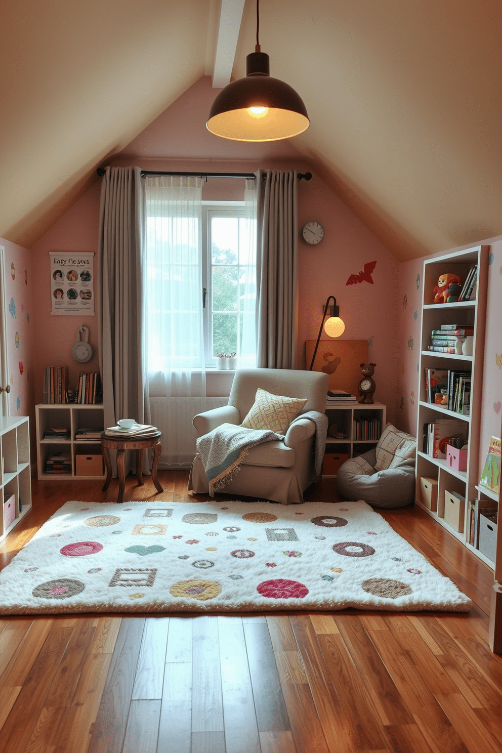 Cozy reading nook with soft cushions. A plush armchair is positioned next to a large window, draped with sheer curtains that allow natural light to filter in. A small side table holds a stack of books and a steaming cup of tea, while a soft throw blanket is casually draped over the armchair. The walls are painted in a warm beige, and a colorful area rug adds texture to the hardwood floor. Attic playroom design ideas. The space features a whimsical color palette with pastel walls and playful wall decals. A large, plush play mat covers the floor, surrounded by shelves filled with toys and books, while a cozy reading corner includes a bean bag chair and a small bookshelf. Soft, ambient lighting from a stylish pendant lamp creates a warm and inviting atmosphere for children to play and explore.