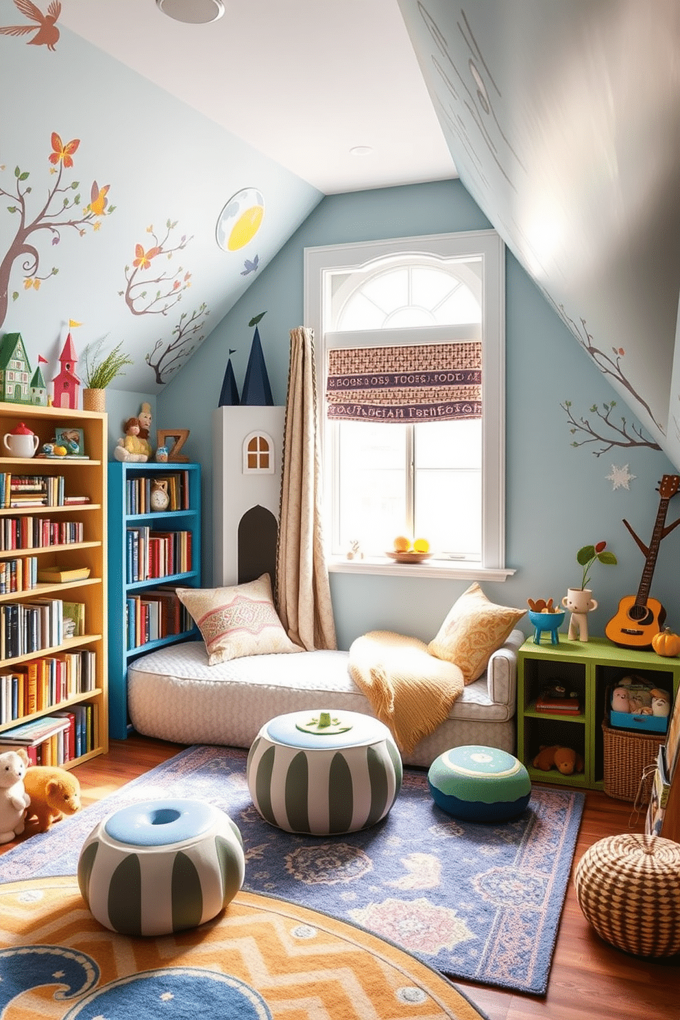 A whimsical attic playroom designed around beloved characters from children's literature. The walls are painted in soft pastel colors, adorned with murals of the characters, and cozy nooks filled with plush toys create an inviting atmosphere. The space features a large, colorful rug in the center for playtime, surrounded by bean bags and a small reading corner with a bookshelf filled with themed books. String lights hang from the sloped ceiling, adding a magical touch to the room, while a vintage trunk serves as both storage and a playful table for arts and crafts.