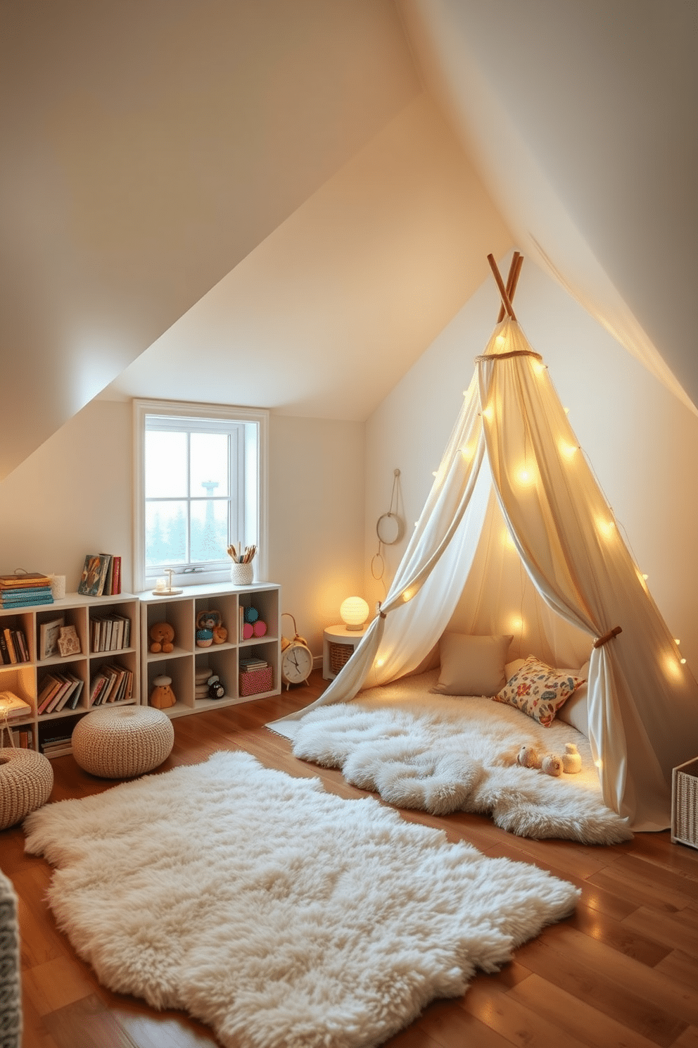 A cozy attic playroom designed for children, featuring soft, ambient lighting that creates a warm and inviting atmosphere. The walls are painted in a cheerful pastel color, and plush rugs cover the wooden floor, providing a comfortable space for play. In one corner, a built-in bookshelf is filled with colorful toys and books, while a large window allows natural light to filter in, enhancing the room's warmth. A whimsical tent made of lightweight fabric serves as a cozy reading nook, complete with cushions and fairy lights for added charm.