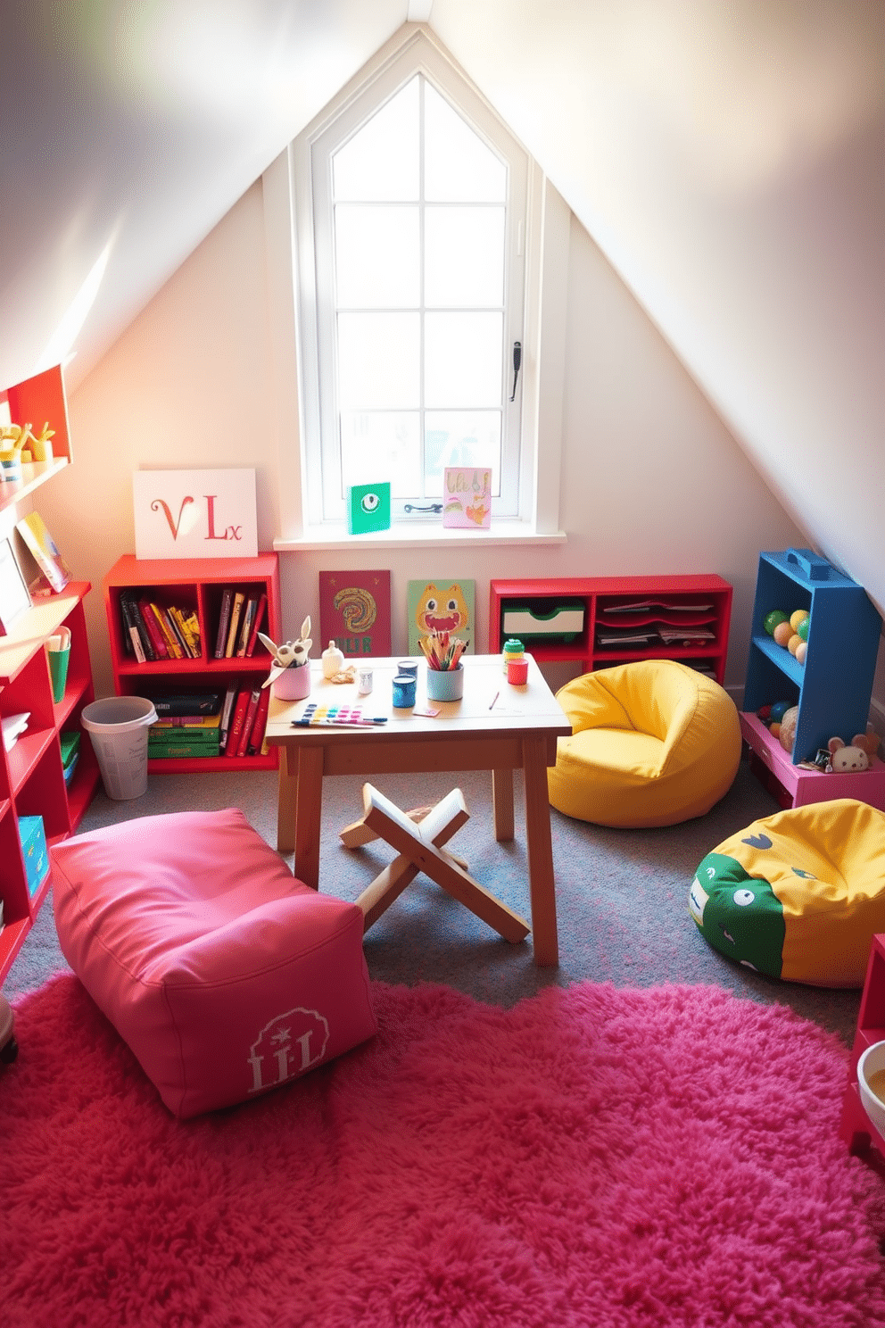 A cozy mini art station for budding artists features a small wooden table adorned with colorful art supplies, including paints, brushes, and sketchbooks. Brightly colored shelves display completed artwork and craft materials, while a large window allows natural light to flood the space, inspiring creativity. The attic playroom design includes a soft, plush carpet in vibrant hues, creating a comfortable area for play. Fun, whimsical furniture like bean bags and a small table encourages imaginative activities, while wall-mounted storage keeps toys organized and easily accessible.