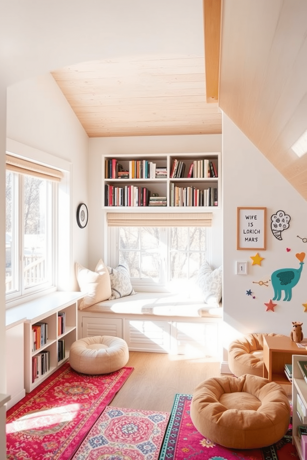 A cozy window seat adorned with plush cushions invites relaxation, surrounded by a curated selection of books on a nearby shelf. Natural light pours in through the large window, highlighting the serene atmosphere of this reading nook. An imaginative attic playroom designed for creativity features colorful rugs and playful wall art, creating an inspiring environment for children. Cozy nooks with bean bags and storage for toys encourage both play and organization in this whimsical space.