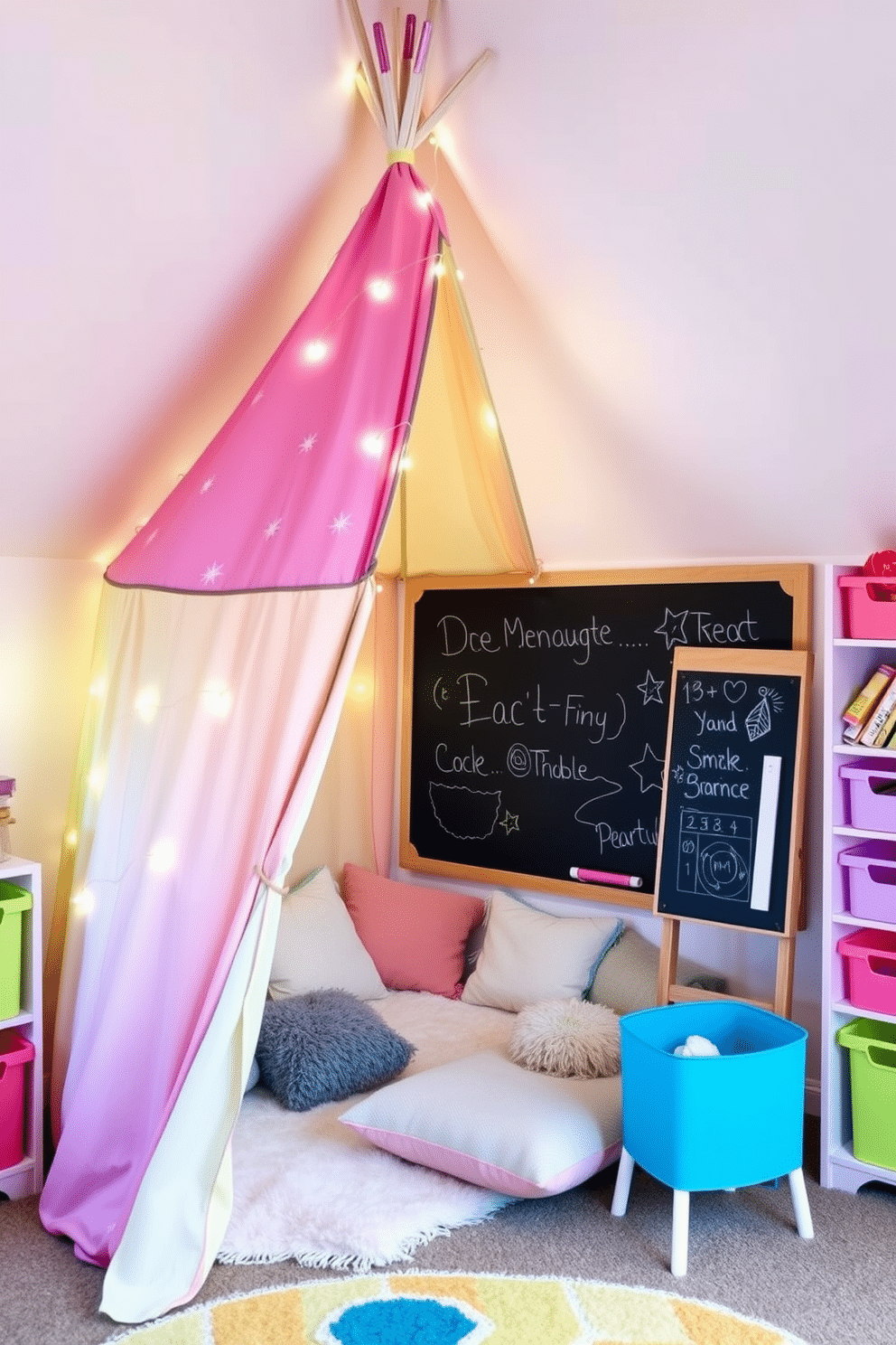 A whimsical play tent designed for imaginative adventures, featuring colorful fabric with star patterns and soft, plush cushions inside. The tent is surrounded by fairy lights, creating a magical atmosphere perfect for storytelling and creative play. An attic playroom designed to inspire creativity, with sloped ceilings painted in soft pastels and a cozy reading nook filled with cushions. Brightly colored storage bins are organized along the walls, and a large, interactive chalkboard is mounted for endless artistic expression.