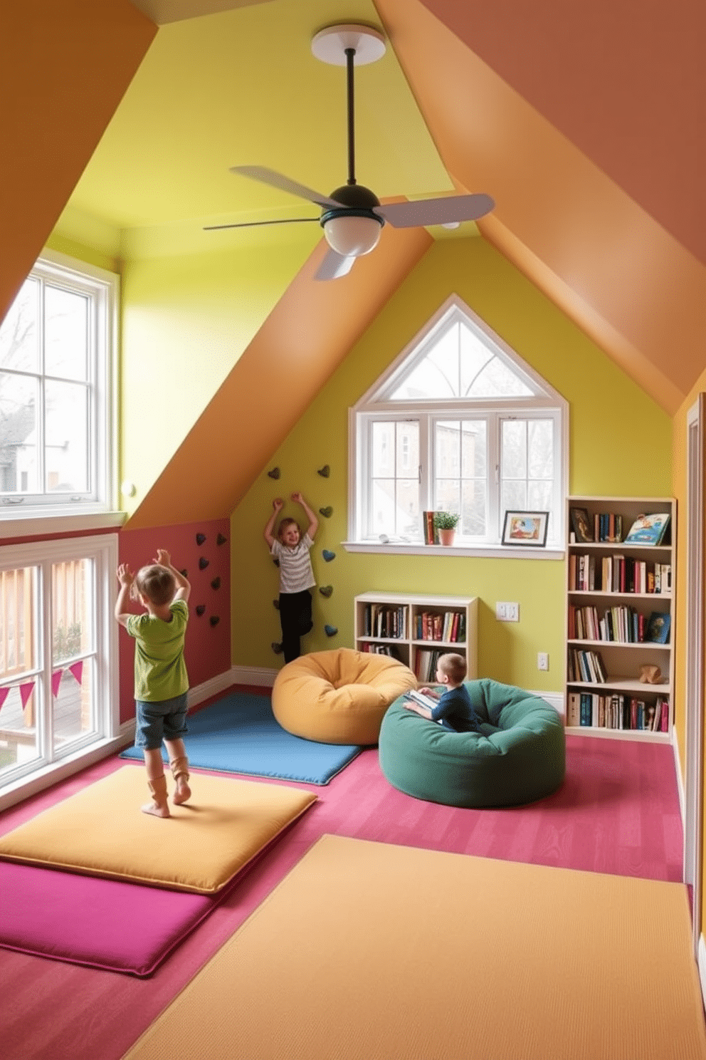 A vibrant attic playroom designed for active play features wall-mounted climbing holds that encourage children to explore and engage in physical activity. The walls are painted in bright, cheerful colors, with soft flooring mats below to ensure safety during play. In one corner, a cozy reading nook is created with plush bean bags and shelves filled with books, providing a perfect contrast to the climbing area. Large windows allow natural light to flood the space, enhancing the playful atmosphere and making it inviting for creative play.