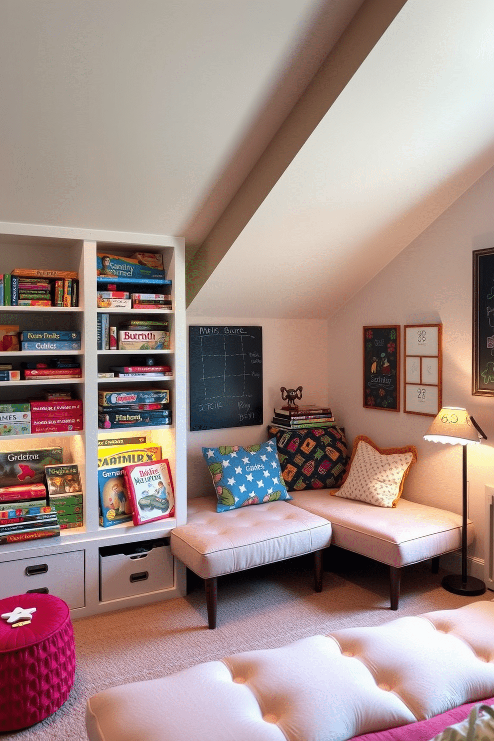 A cozy puzzle and game corner features built-in shelves filled with colorful board games and neatly organized puzzles. A comfortable seating area with plush cushions invites family and friends to gather and enjoy game nights together. The attic playroom is designed with soft, warm lighting that creates a welcoming atmosphere. Playful decor, including a chalkboard wall and whimsical artwork, enhances the space, making it perfect for creativity and fun.