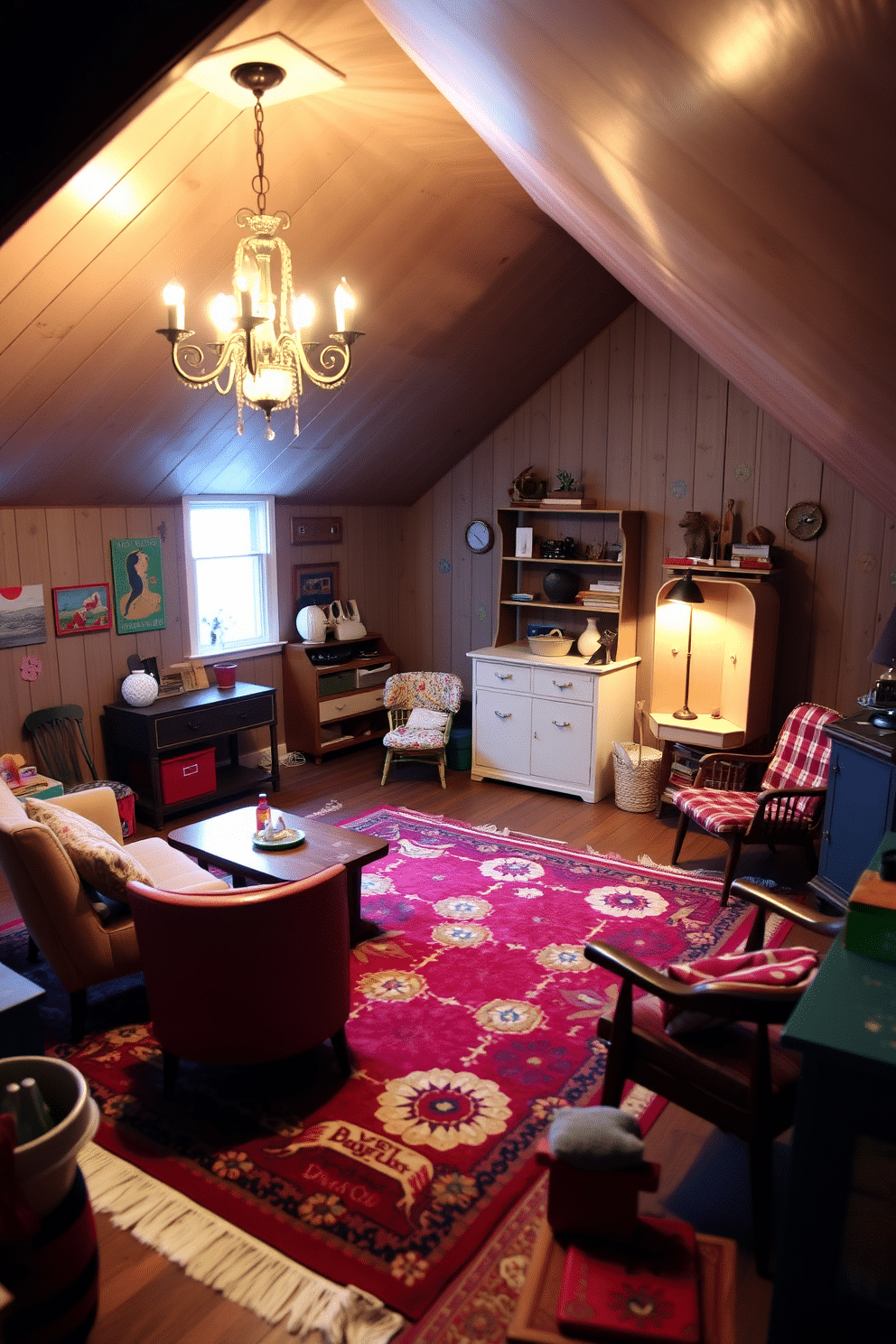 A cozy attic playroom filled with vintage furniture pieces creates a whimsical atmosphere. A large, colorful area rug anchors the space, while mismatched chairs and a retro coffee table invite playful gatherings. The walls are adorned with cheerful artwork and playful decals, adding a splash of color to the muted wood paneling. Soft, ambient lighting from a vintage chandelier illuminates the room, creating a warm and inviting environment for children to explore and play.