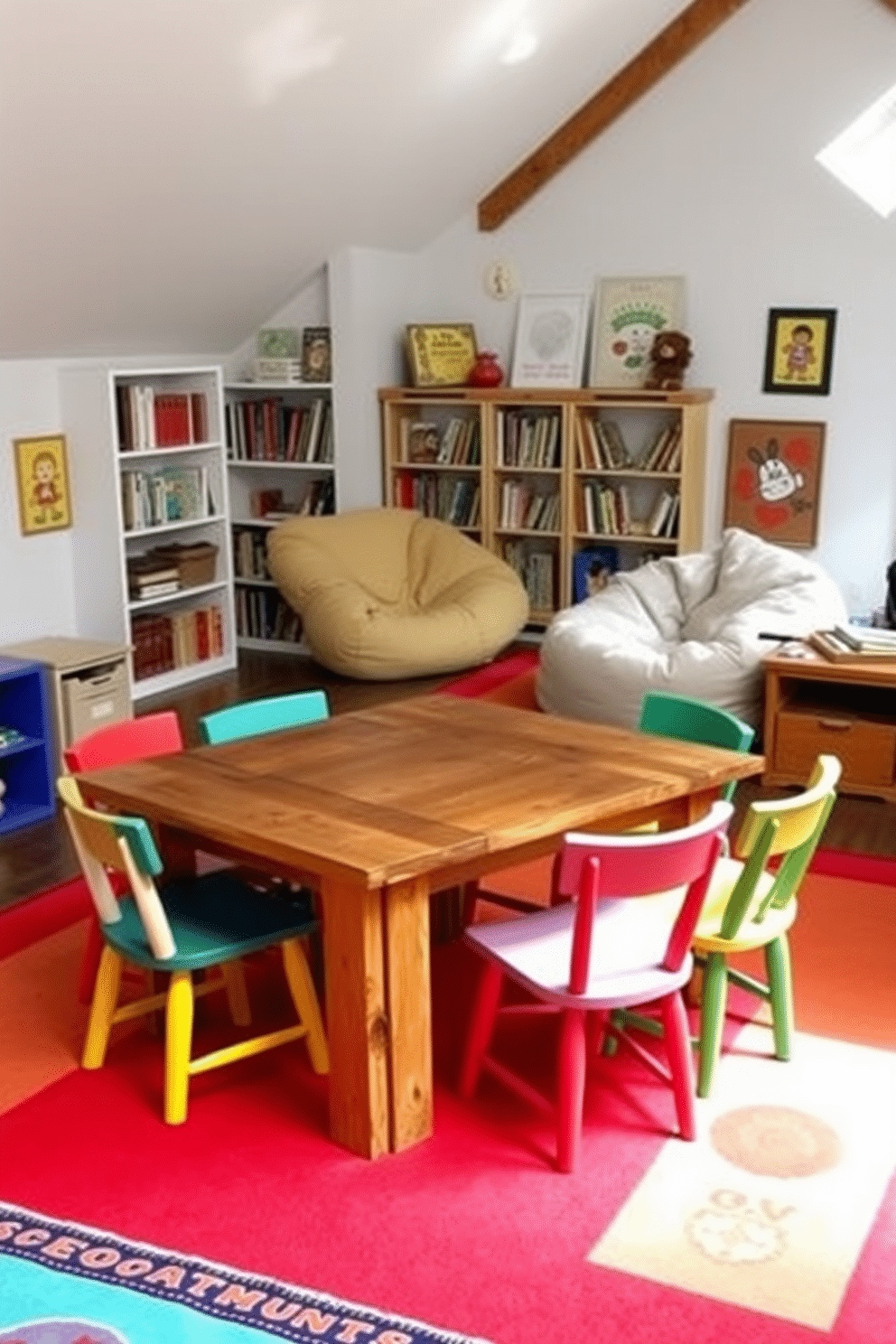 A DIY craft table for hands-on activities. The table is made of reclaimed wood, featuring a large, smooth surface for crafting, surrounded by colorful, mismatched chairs. The attic playroom is designed with a cozy reading nook, complete with oversized bean bags and shelves filled with books. Brightly colored rugs and playful wall art create an inviting atmosphere for children to explore and play.