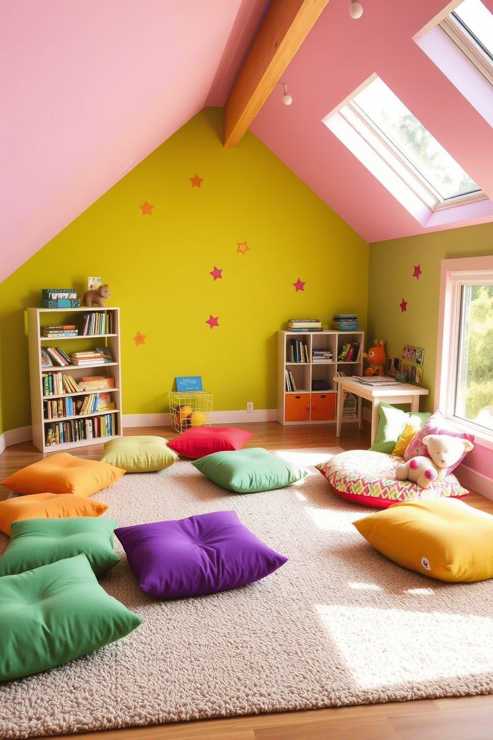 A cozy attic playroom features colorful floor cushions scattered across a soft, textured rug, providing flexible seating for children. The walls are painted in bright, cheerful hues, and large windows allow natural light to flood the space, creating an inviting atmosphere for play and creativity. In one corner, a whimsical reading nook is created with oversized floor cushions and a small bookshelf filled with vibrant storybooks. Fun wall decals of animals and stars add a playful touch, while a small table holds art supplies for creative activities.