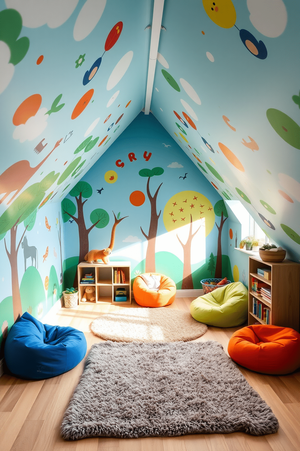 A vibrant attic playroom filled with colorful wall murals that inspire creativity and play. The walls are adorned with whimsical designs featuring animals, trees, and abstract shapes, creating an inviting atmosphere for children. The room is furnished with a cozy reading nook, complete with bean bags and a small bookshelf. Soft, plush rugs cover the floor, and large windows allow natural light to flood the space, enhancing the playful ambiance.