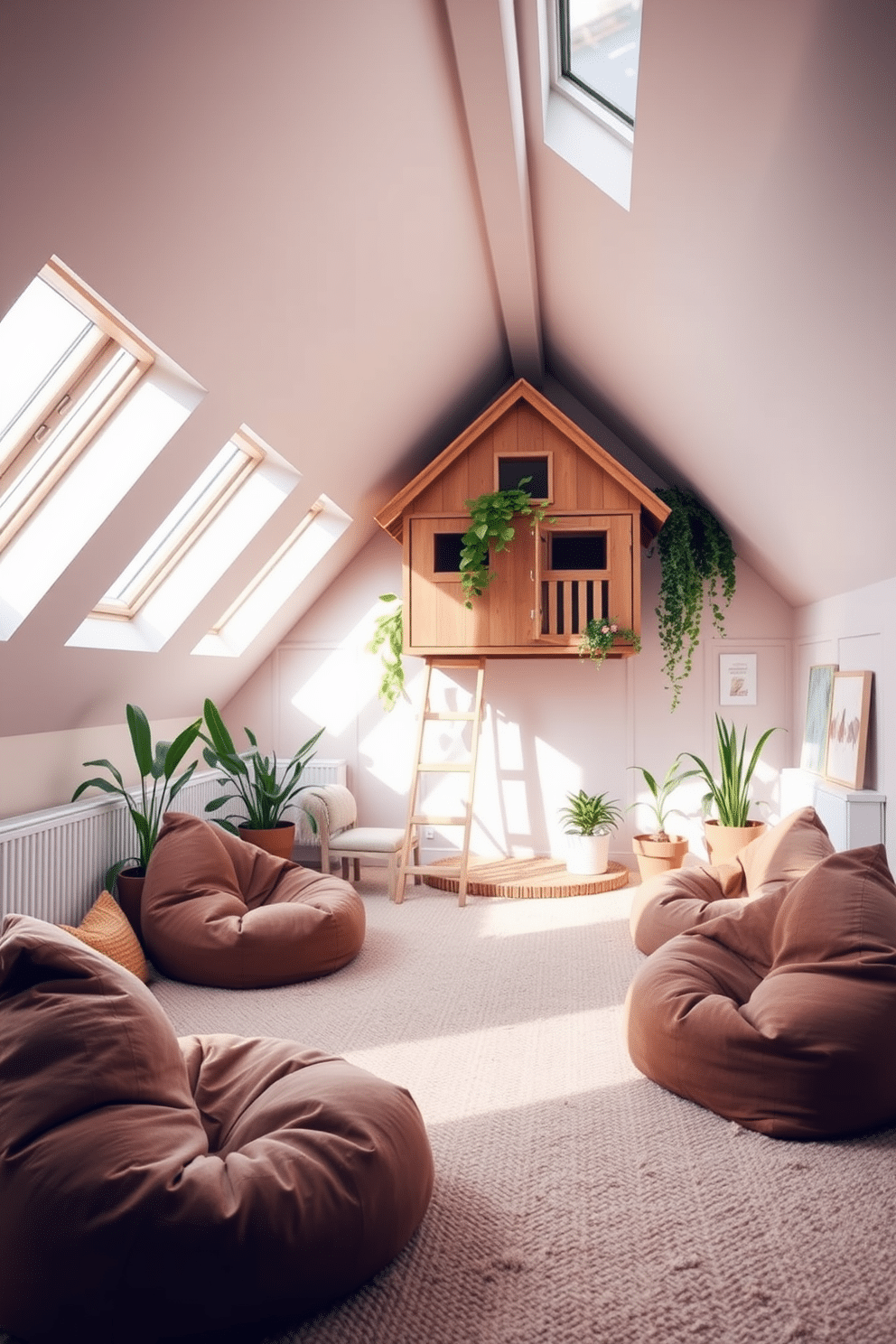 A serene attic playroom filled with natural light, featuring large skylights that illuminate the space. The walls are adorned with soft pastel colors, and the floor is covered with a cozy, textured rug. In one corner, a wooden play structure mimics a treehouse, surrounded by vibrant greenery in pots. Plush cushions and bean bags in earthy tones create inviting seating areas for children to relax and play.