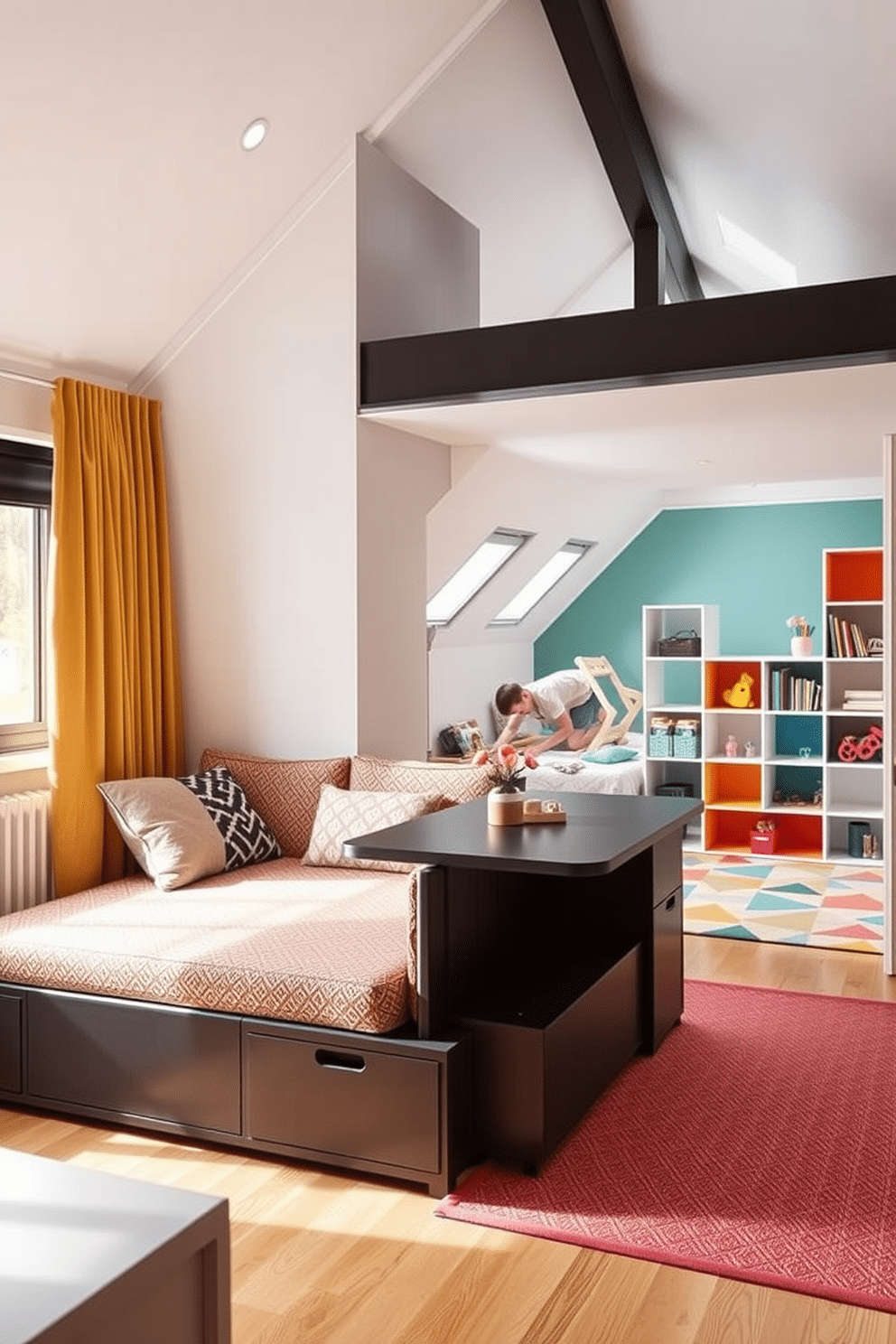 A vibrant attic playroom filled with bright colors and playful decor. The walls are painted in cheerful shades of yellow and turquoise, while colorful rugs and bean bags create a cozy seating area for children. A large window allows natural light to flood the space, showcasing a mural of whimsical clouds and rainbows. Shelves filled with toys and books line the walls, and a creative art station with bright supplies invites imaginative play.