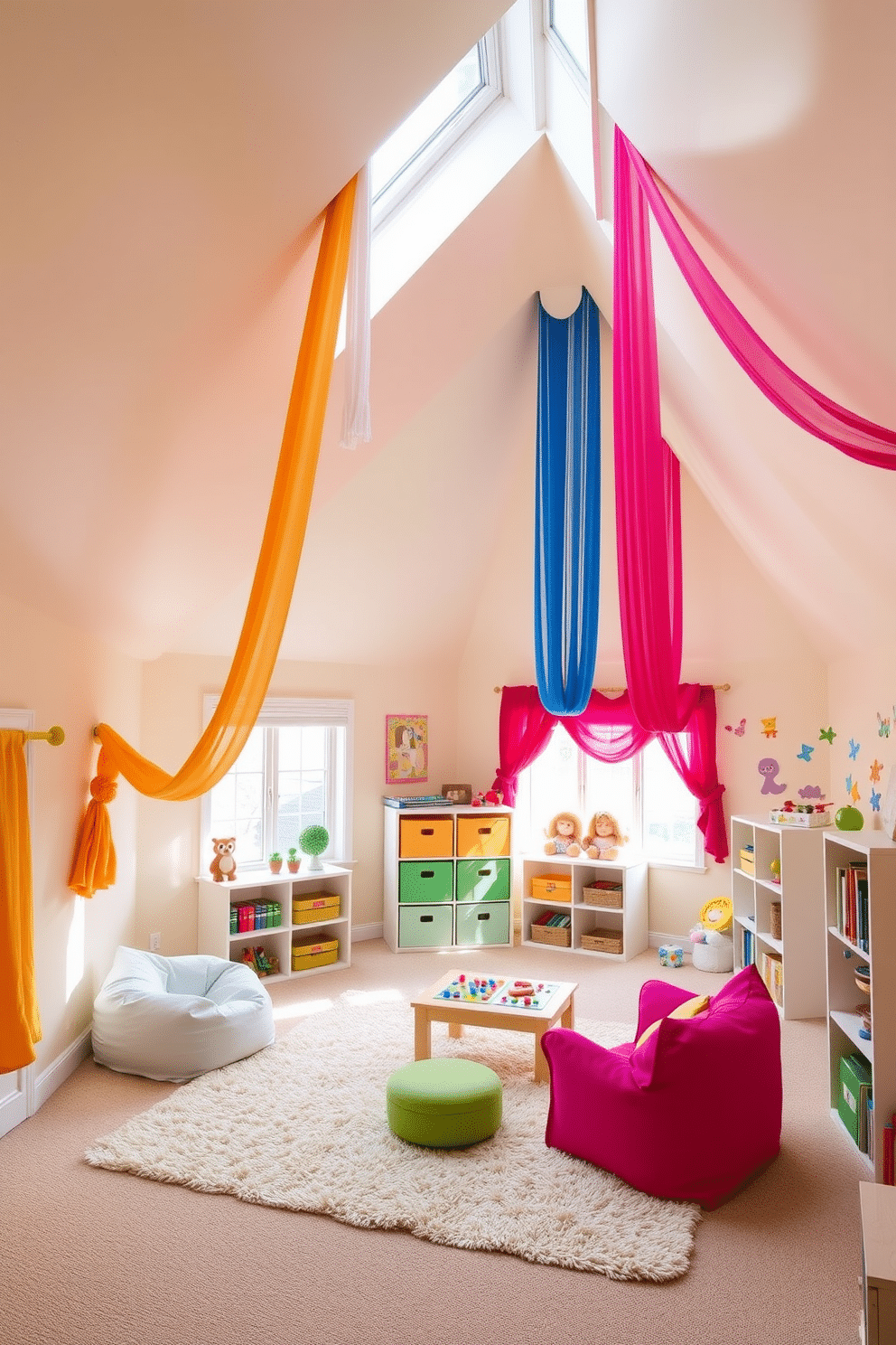 A sensory play area filled with textured materials invites exploration and creativity. Soft rugs in various shapes and colors cover the floor, while textured wall panels provide tactile stimulation for children. The attic playroom features sloped ceilings adorned with whimsical wallpaper. Cozy nooks are created with oversized cushions and bean bags, enhancing the playful atmosphere while bright, adjustable lighting adds warmth and functionality.