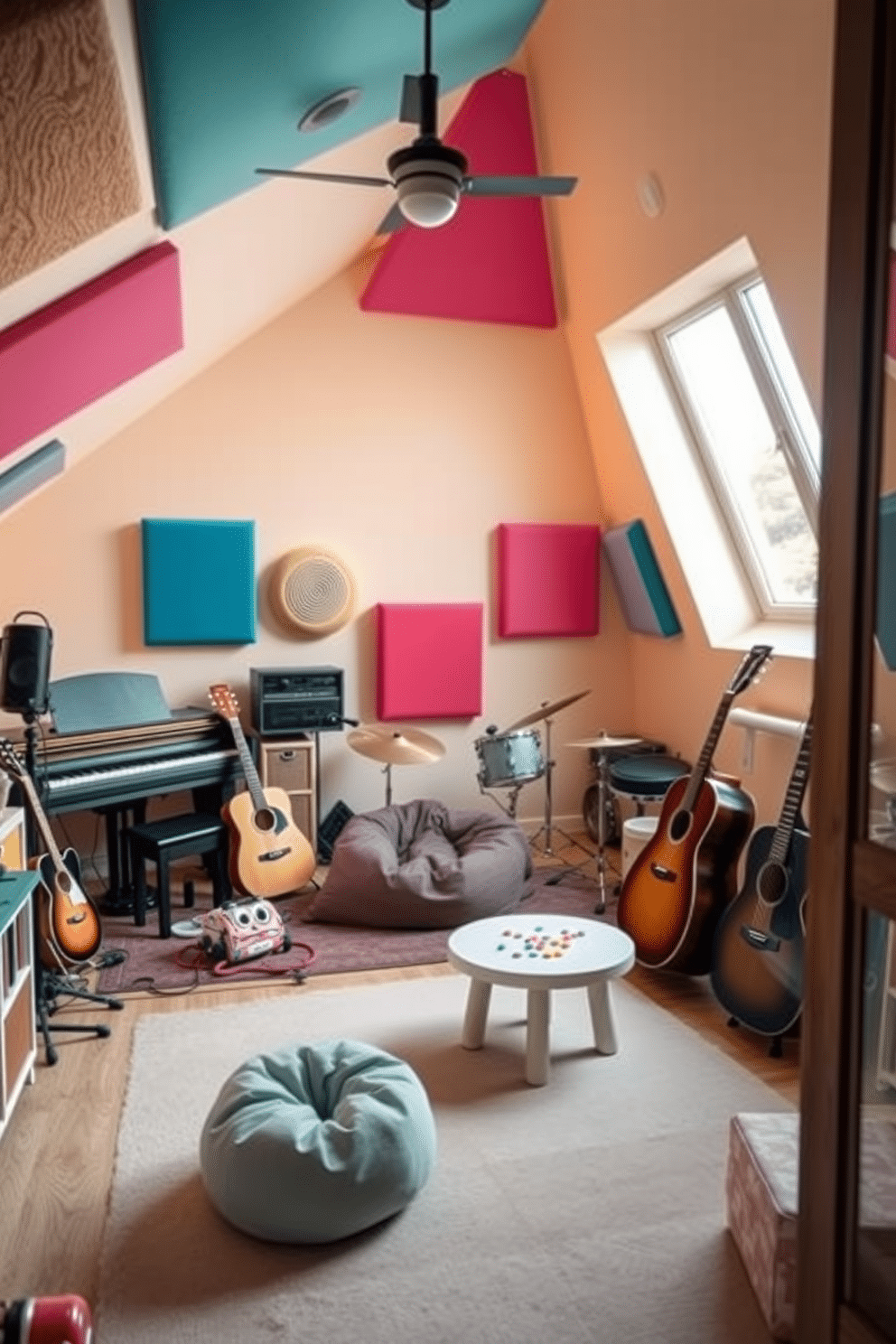 A cozy music corner filled with various instruments, including a grand piano, acoustic guitar, and a set of drums. Soft ambient lighting creates a warm atmosphere, while colorful soundproofing panels adorn the walls, enhancing both aesthetics and acoustics. An attic playroom designed for creativity and fun, featuring a whimsical color palette of pastel shades. Playful furniture, such as a bean bag chair and a small art table, is scattered around, with large windows allowing natural light to flood the space.