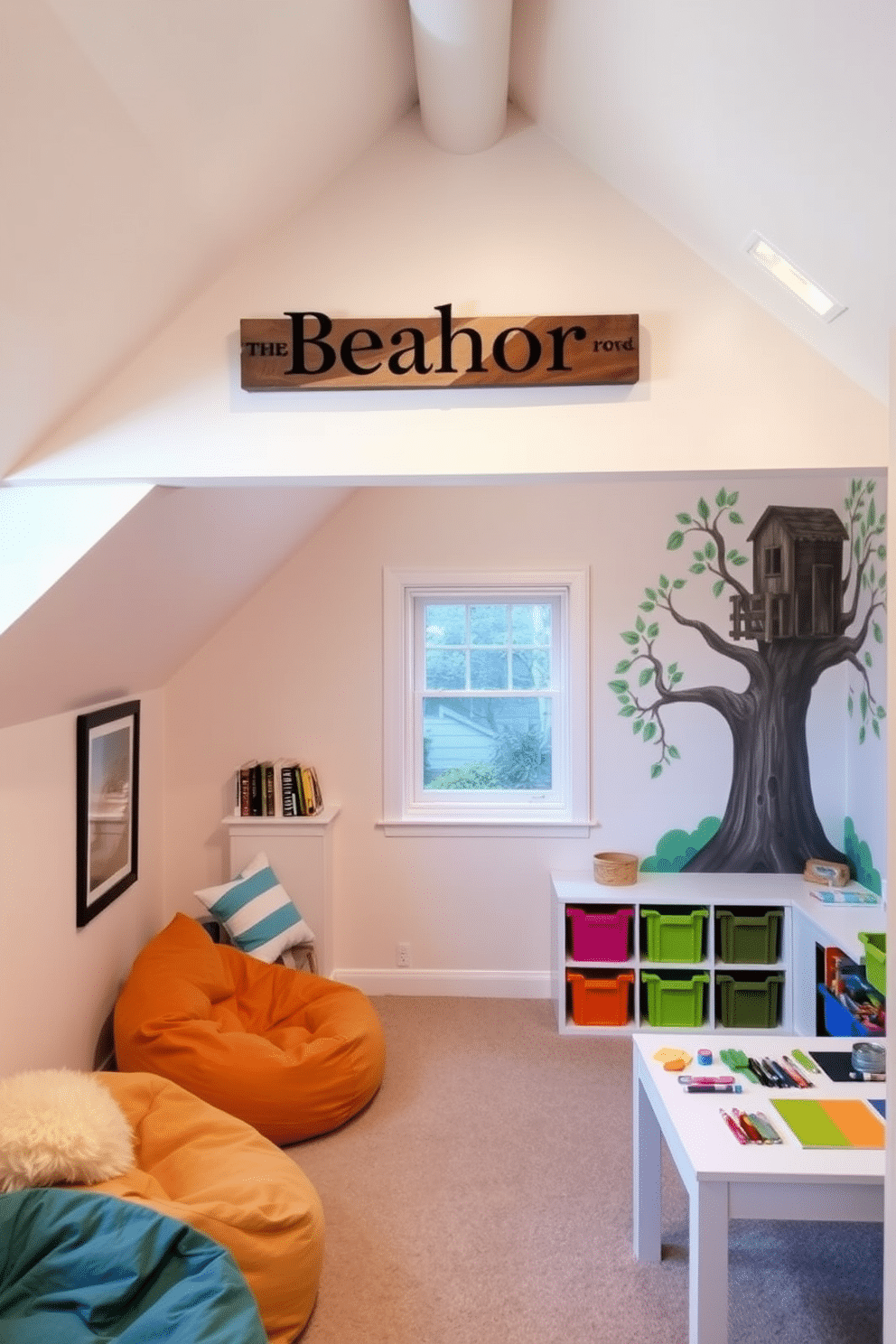 A personalized name sign crafted from reclaimed wood hangs above a cozy reading nook in the attic playroom, adding a unique touch to the space. The walls are painted in soft pastel colors, and plush bean bags are scattered around, inviting children to relax and play. The playroom features a whimsical mural of a treehouse on one wall, creating an imaginative backdrop for play. Brightly colored storage bins are neatly arranged to keep toys organized, while a small table with art supplies encourages creativity and exploration.