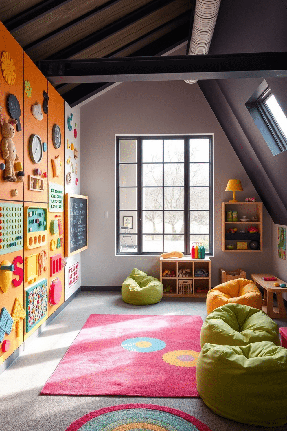 A vibrant interactive play wall filled with sensory elements, featuring various textures, colors, and shapes to engage children's curiosity. The wall includes tactile panels, a chalkboard section, and movable components that encourage hands-on exploration. A cozy attic playroom designed with soft, inviting furnishings and playful decor. Large windows allow natural light to flood the space, while colorful rugs and bean bags create a comfortable area for children to play and learn.