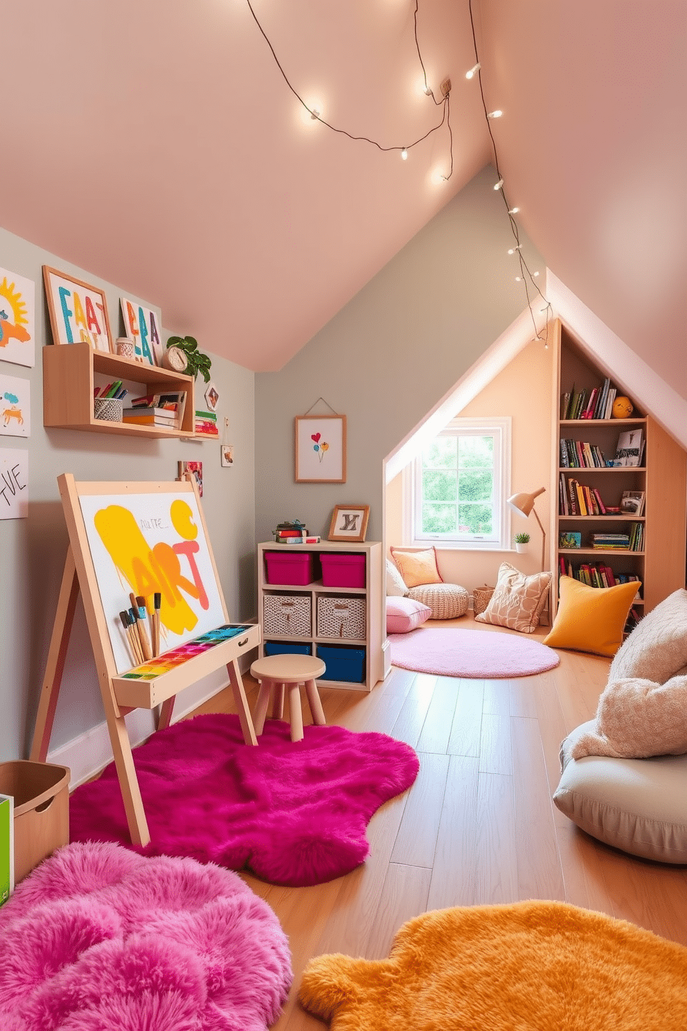 A vibrant play zone themed for art activities features a large easel with colorful paints and brushes set against a wall adorned with children's artwork. Soft, plush rugs in bright colors cover the floor, while shelves filled with art supplies and craft materials are easily accessible for little hands. A cozy attic playroom designed for imaginative play includes a whimsical reading nook with oversized cushions and a small bookshelf filled with storybooks. The space is illuminated by fairy lights strung across the sloped ceiling, creating a magical atmosphere for games and storytelling.